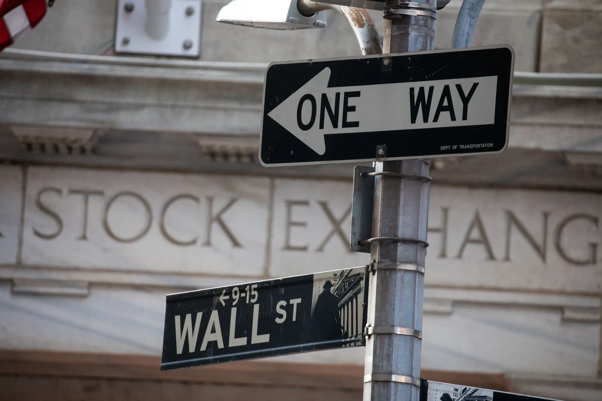 A Wall St. sign in front of the New York Stock Exchange.