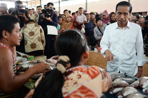 Indonesian president Joko Widodo at a market stall in Lampung, Sumatra.