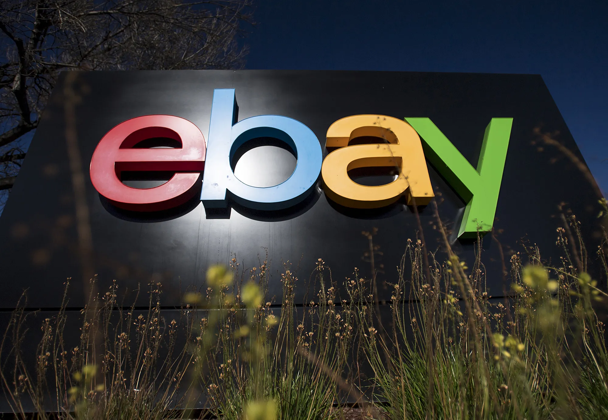 EBay Inc. signage is displayed at the entrance to the company's headquarters in San Jose, California.