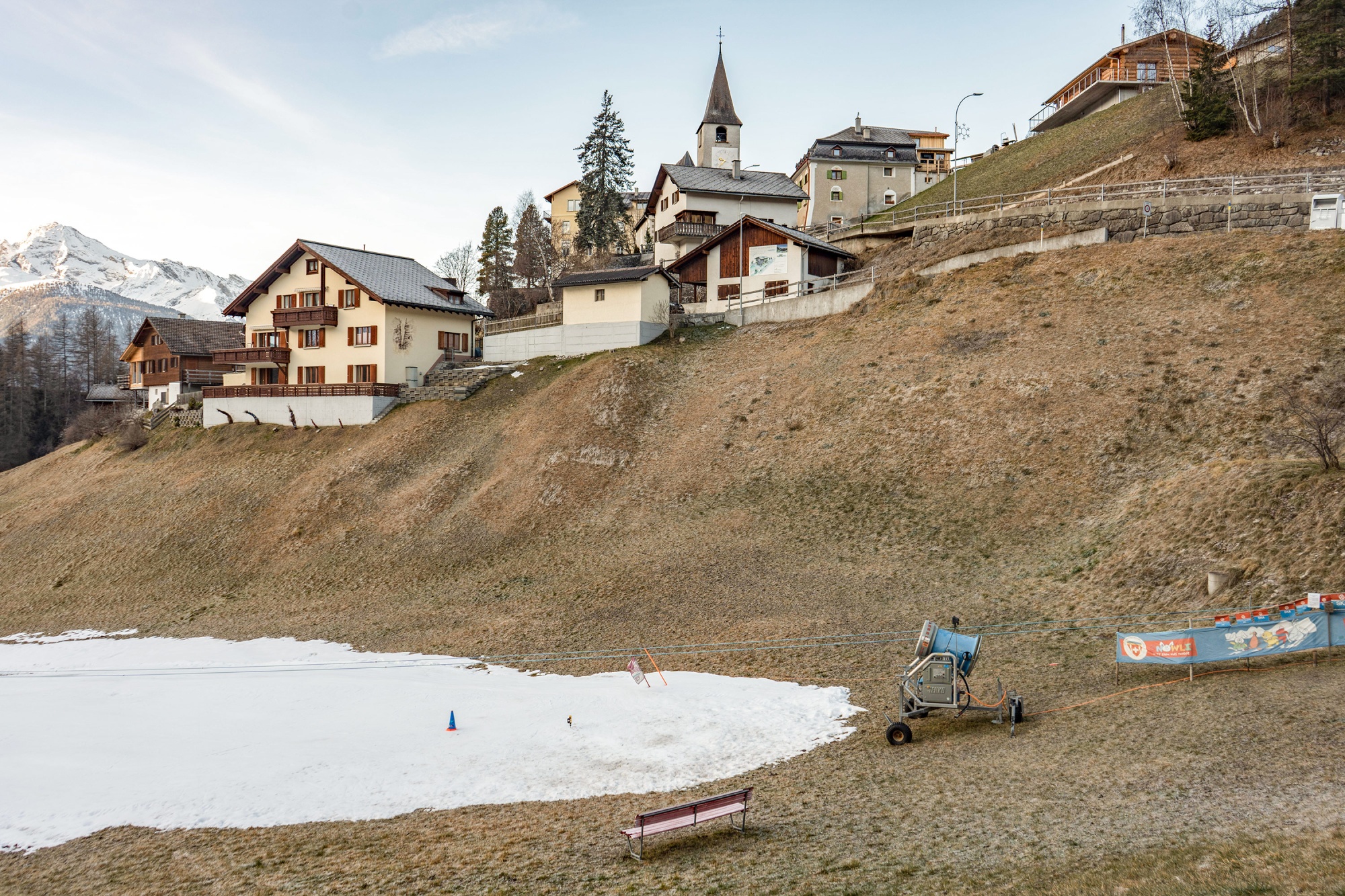 An idled snow cannon in the village of Davos Wiesen,&nbsp;Switzerland, on Jan. 8.