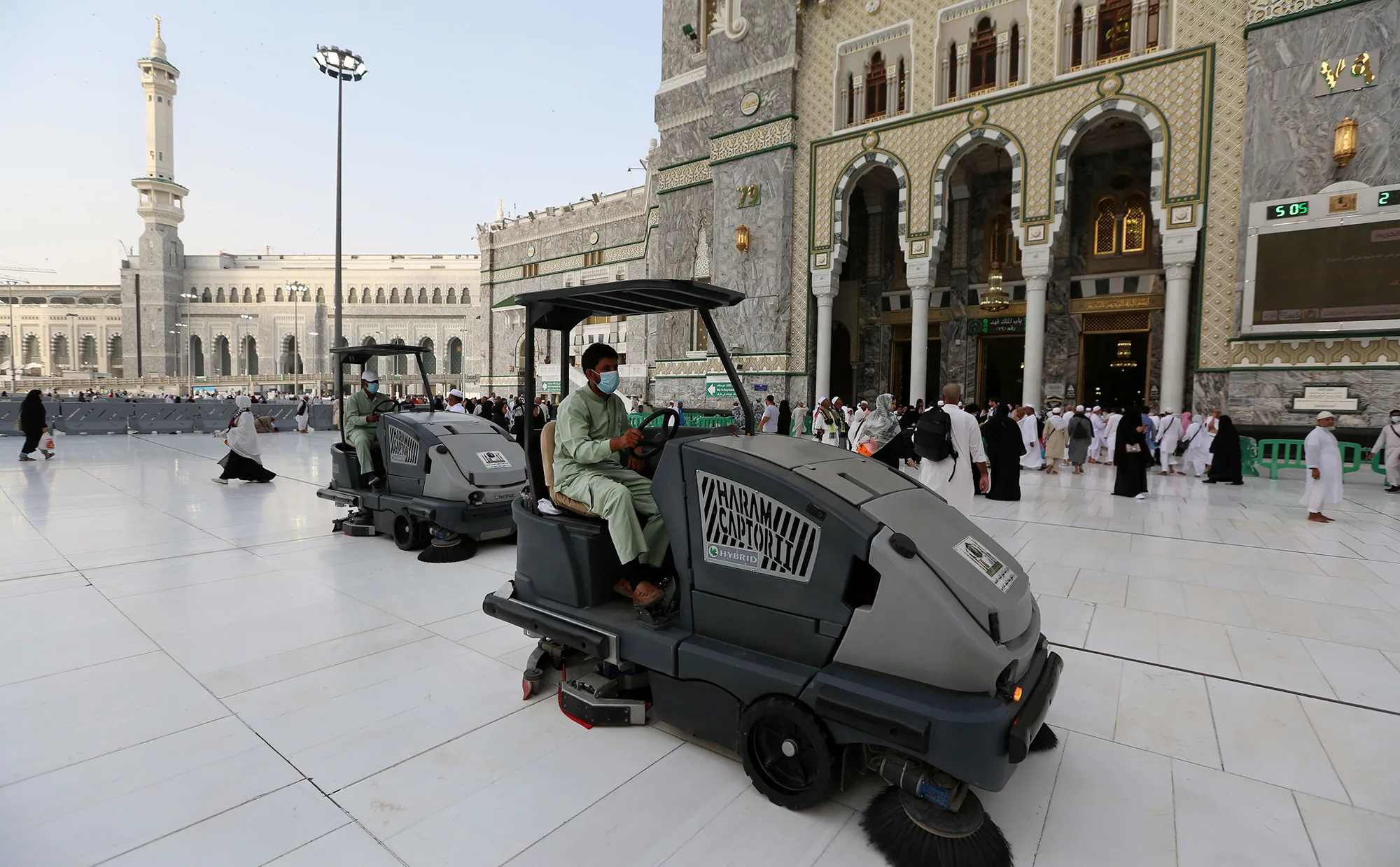 Workers clean the floor of the Grand Mosque in Saudi Arabia's holy city of Mecca on Feb.&nbsp;28.