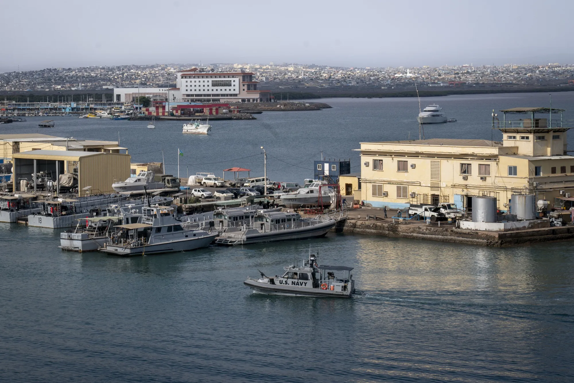 US Navy vessels in the harbor in Djibouti City, a strategic location at the southern entrance to the Red Sea.
