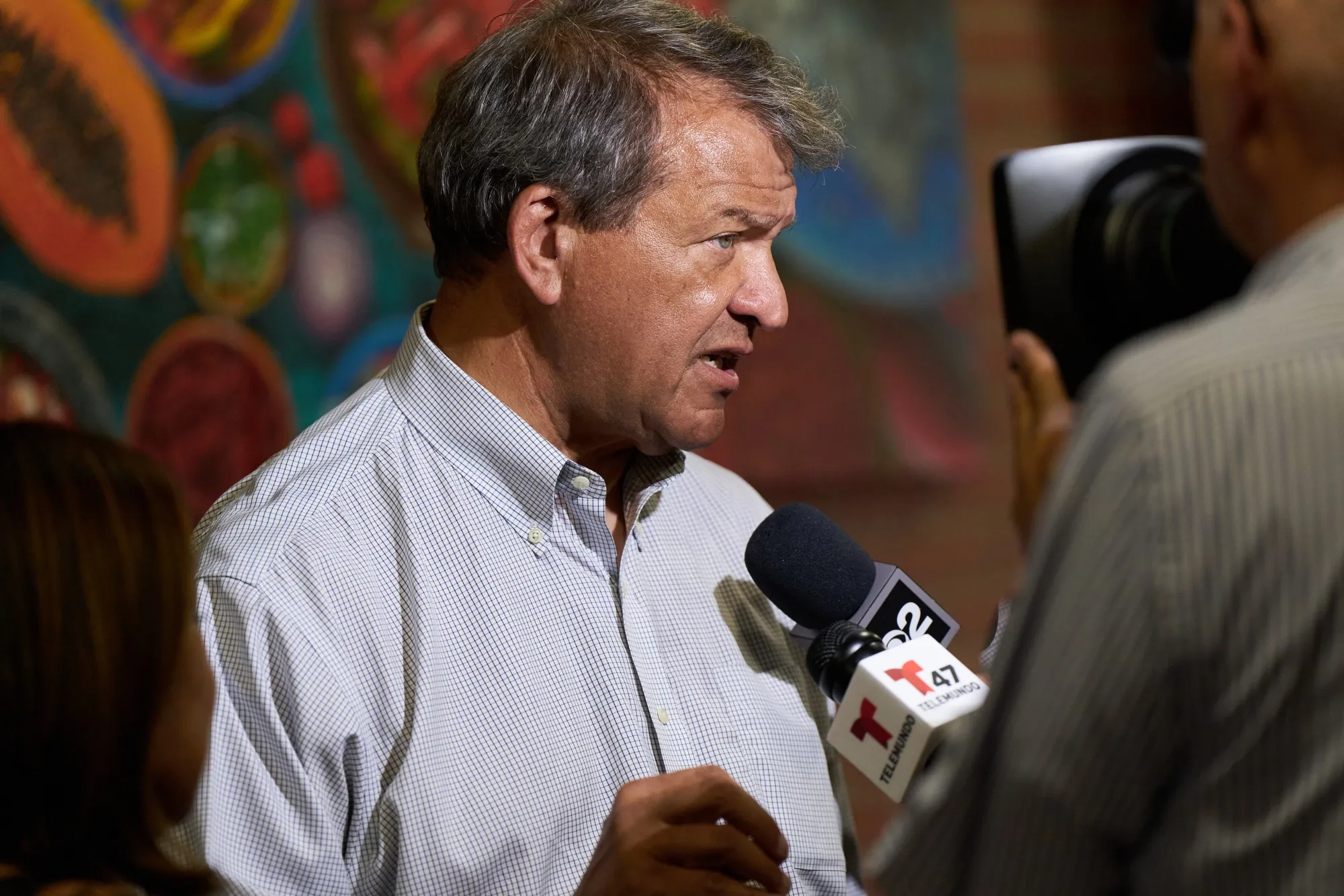 George Latimer, who beat Representative Jamaal Bowman in the Democratic primary Tuesday, speaks to members of the media during a campaign stop in New Rochelle, New York, on Tuesday.