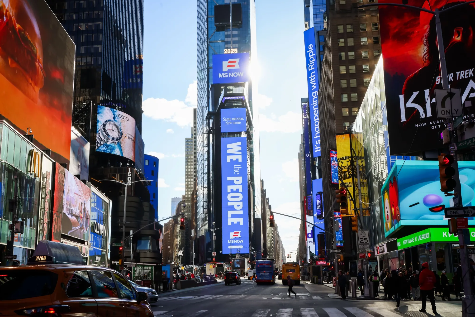 An MS NOW billboard in Times Square in New York.&nbsp;The Versant portfolio includes cable outlet MS NOW, the news channel formerly called MSNBC.