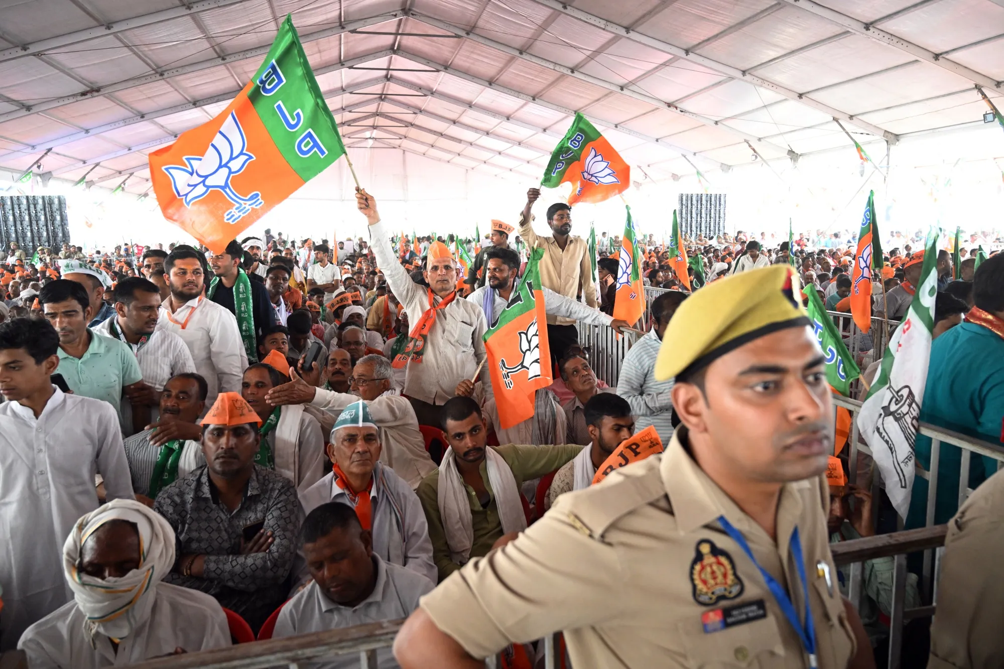 Supporters of the Bhartiya Janata Party (BJP) during a rally in Meerut, Uttar Pradesh on March 31.