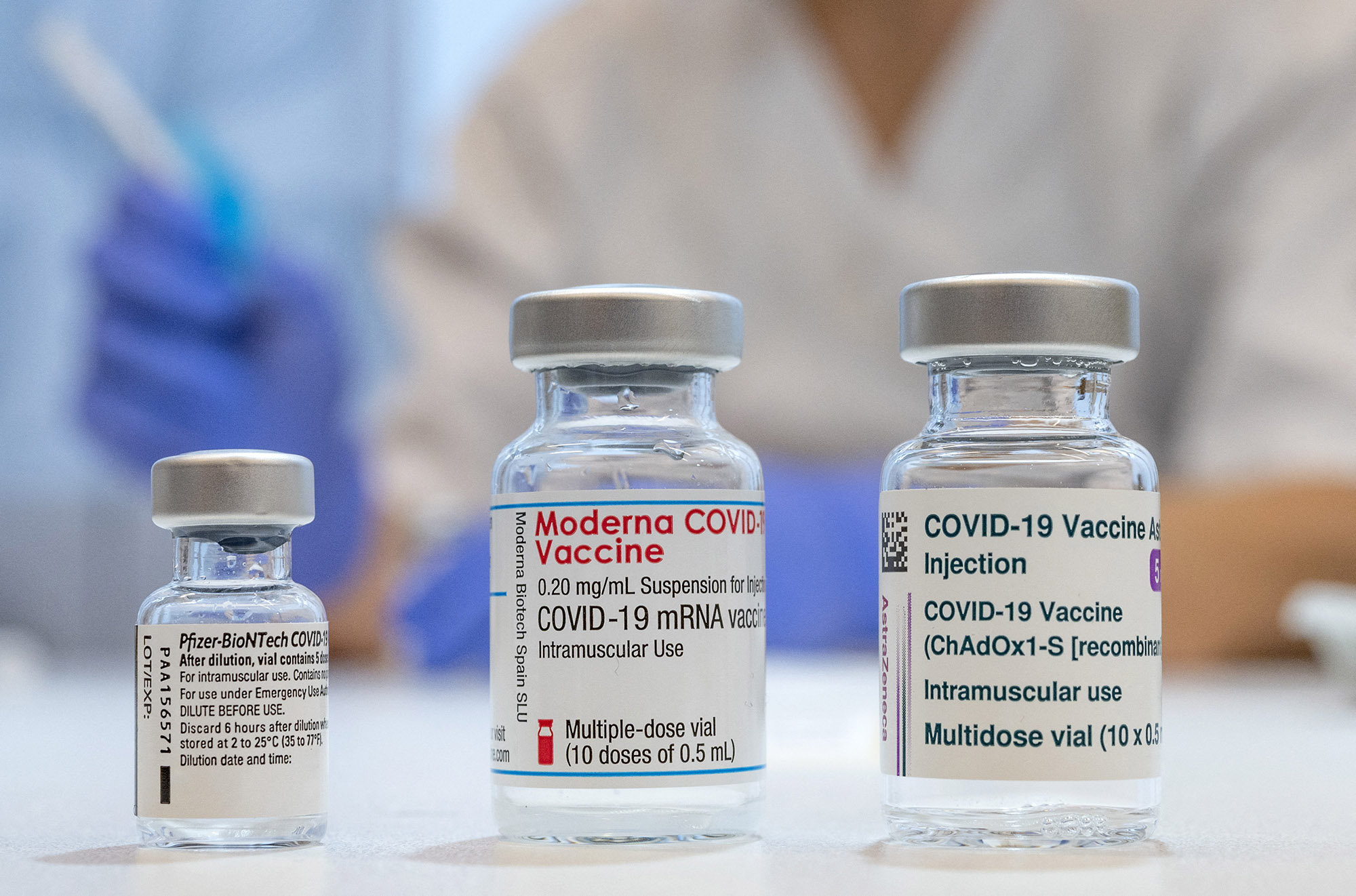 The Pfizer-BioNTech, Moderna and AstraZeneca Covid-19 vaccines at Skane University Hospital vaccination centre, Malmo.&nbsp;