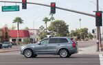 A self-driving Volvo SUV in Scottsdale, Arizona. The company has halted testing of its autonomous vehicle program in the wake of a fatal crash on Sunday. 