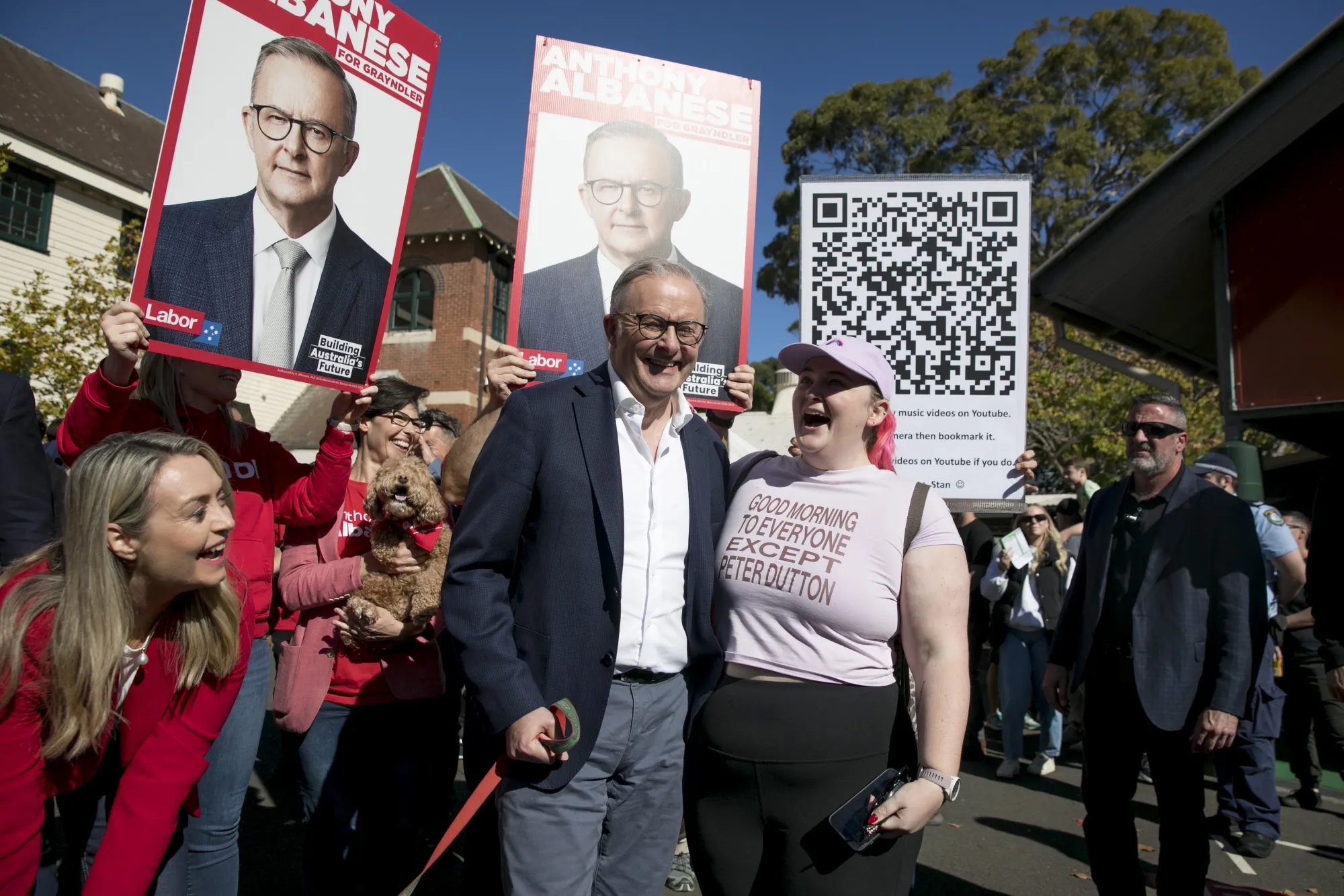 Anthony Albanese and his partner Jodie Haydon, outside a polling station during a federal election in Sydney, May 3.