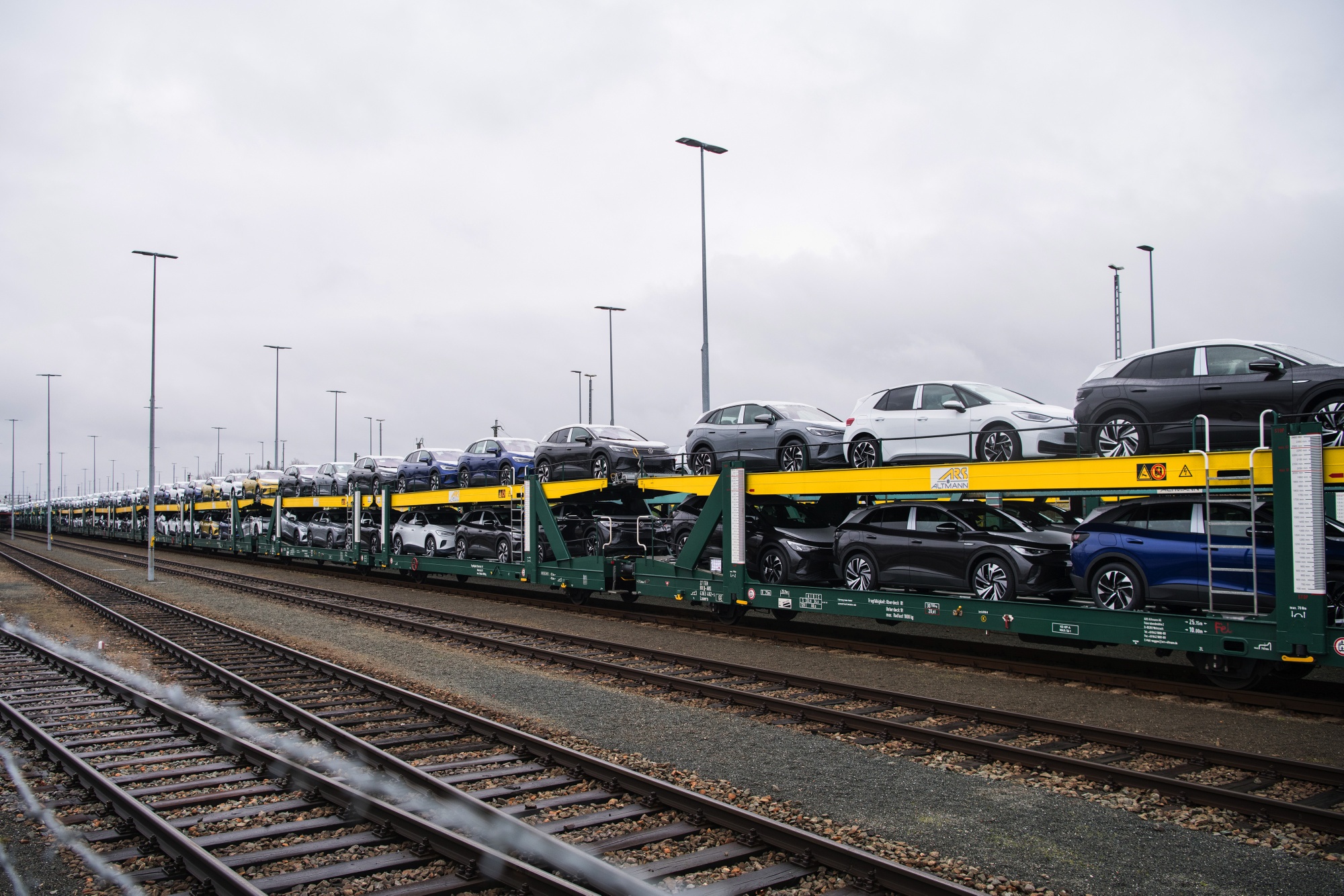 Volkswagen ID.3 and ID.4 electric automobiles on a railway vehicle transporter in Zwickau, Germany.