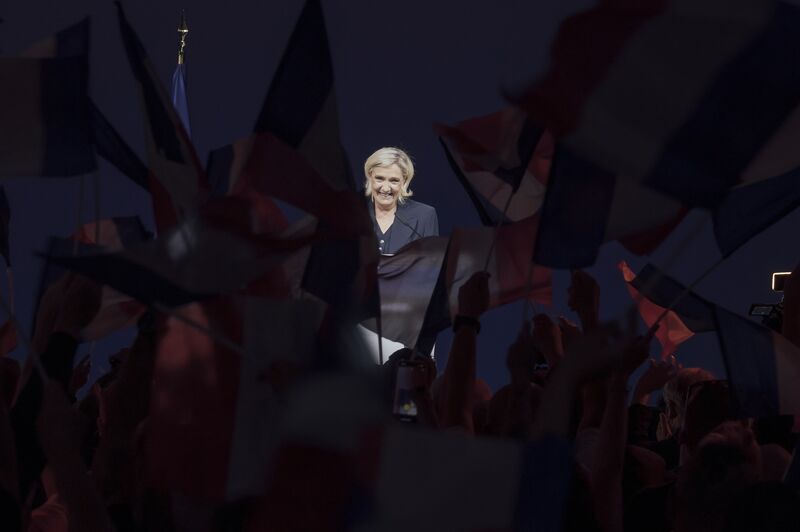 Marine Le Pen addresses supporters at the National Rally headquarters on June 30.