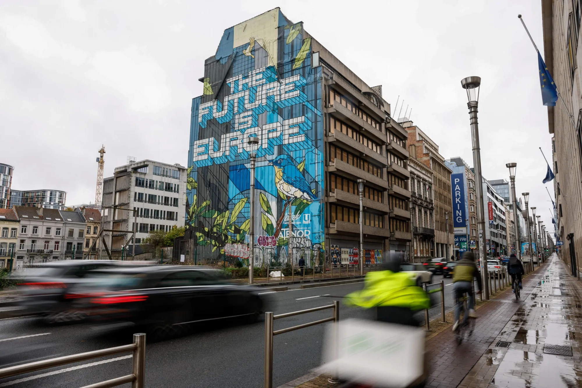 A giant mural which reads 'The Future Is Europe' in Brussels, on&nbsp;Nov. 10.