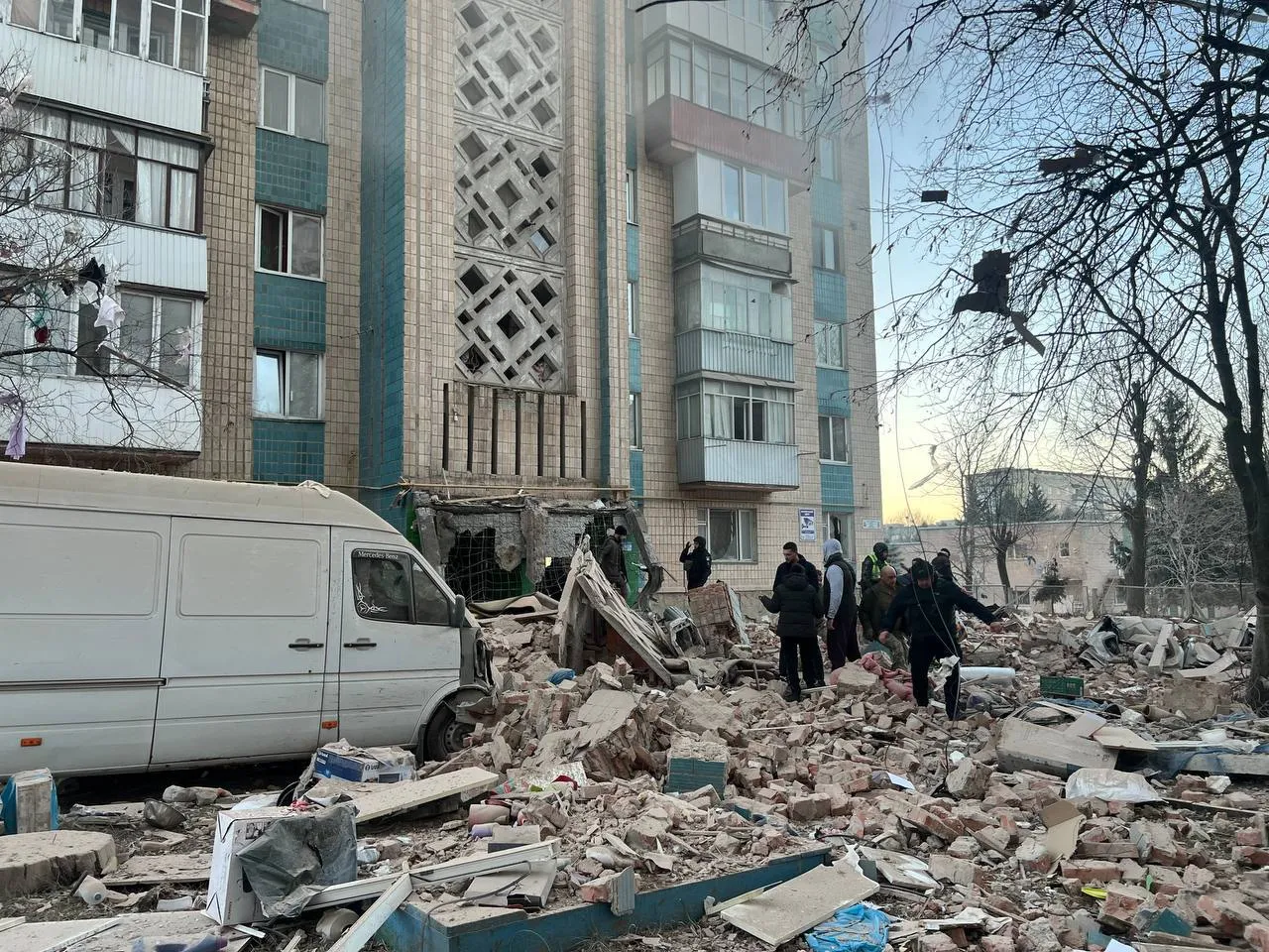 Emergency services at the site of a Russian attack on an apartment building in Ternopil, Ukraine, on Nov. 19.