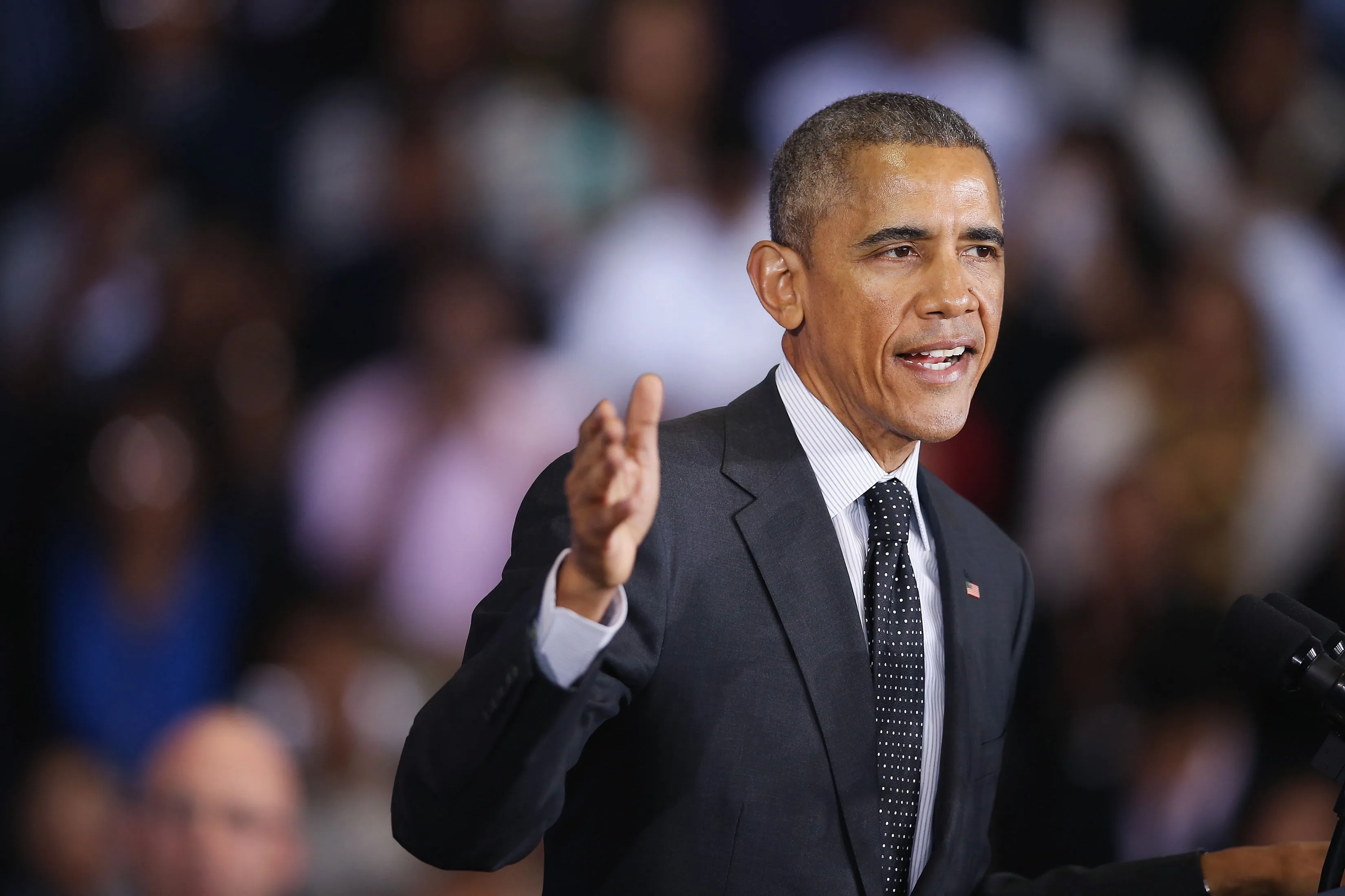 President Barack Obama speaks to guests at the Gwendolyn Brooks College Preparatory Academy on February 19, in Chicago.

