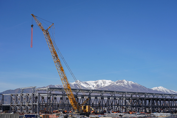 A building frame under construction at the new QTS Eagle Mountain data center in Eagle Mountain, Utah.