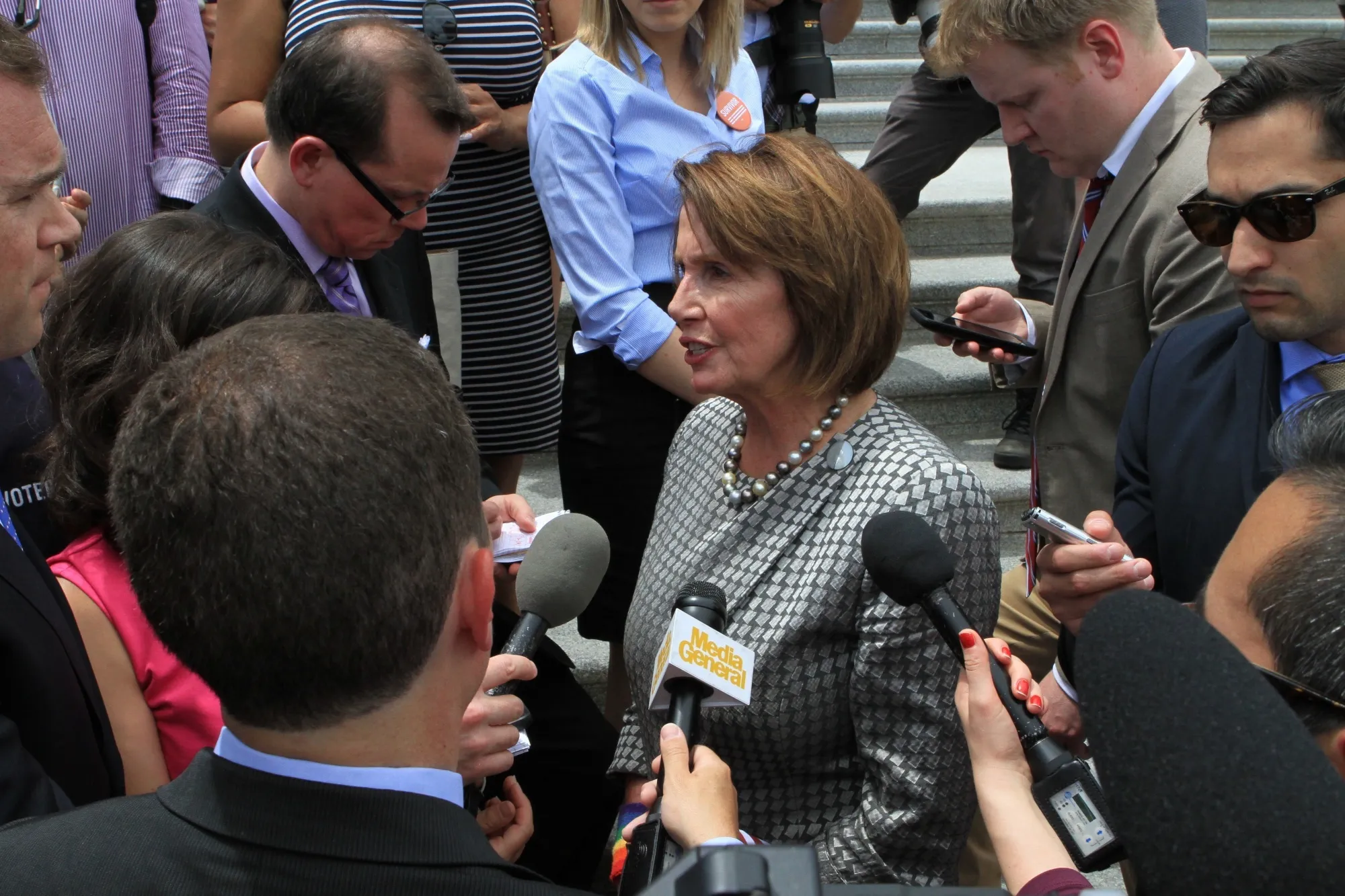 Nancy Pelosi speaks to media during a sit-in at Capitol Hill on June 22. Photographer: Muhammed Bilal Kenasari/Anadolu Agency via Getty Images
