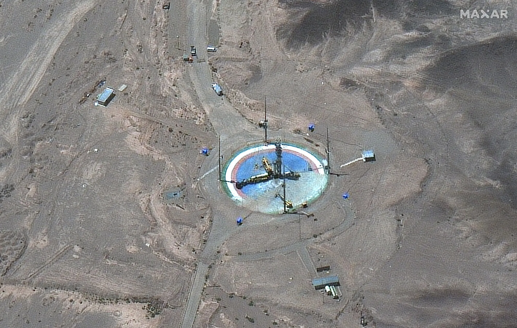 A rocket preparing to be erected at a launch pad at Imam Khomeini Space Center, Iran on&nbsp;June 14.
