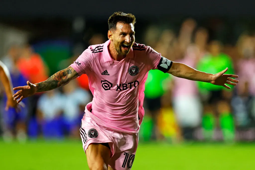 Messi&nbsp;celebrates after kicking the game winning goal for Inter Miami at PNK Stadium on July 21.