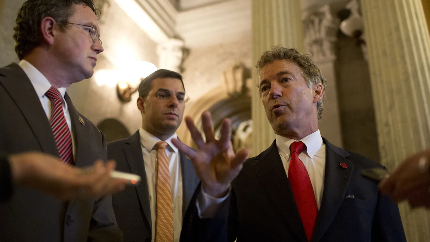 Senator Rand Paul (R), R-KY, speaks to the press at the Senate after speaking in the chamber at the US Capitol in Washington, DC on May 31, 2015.
