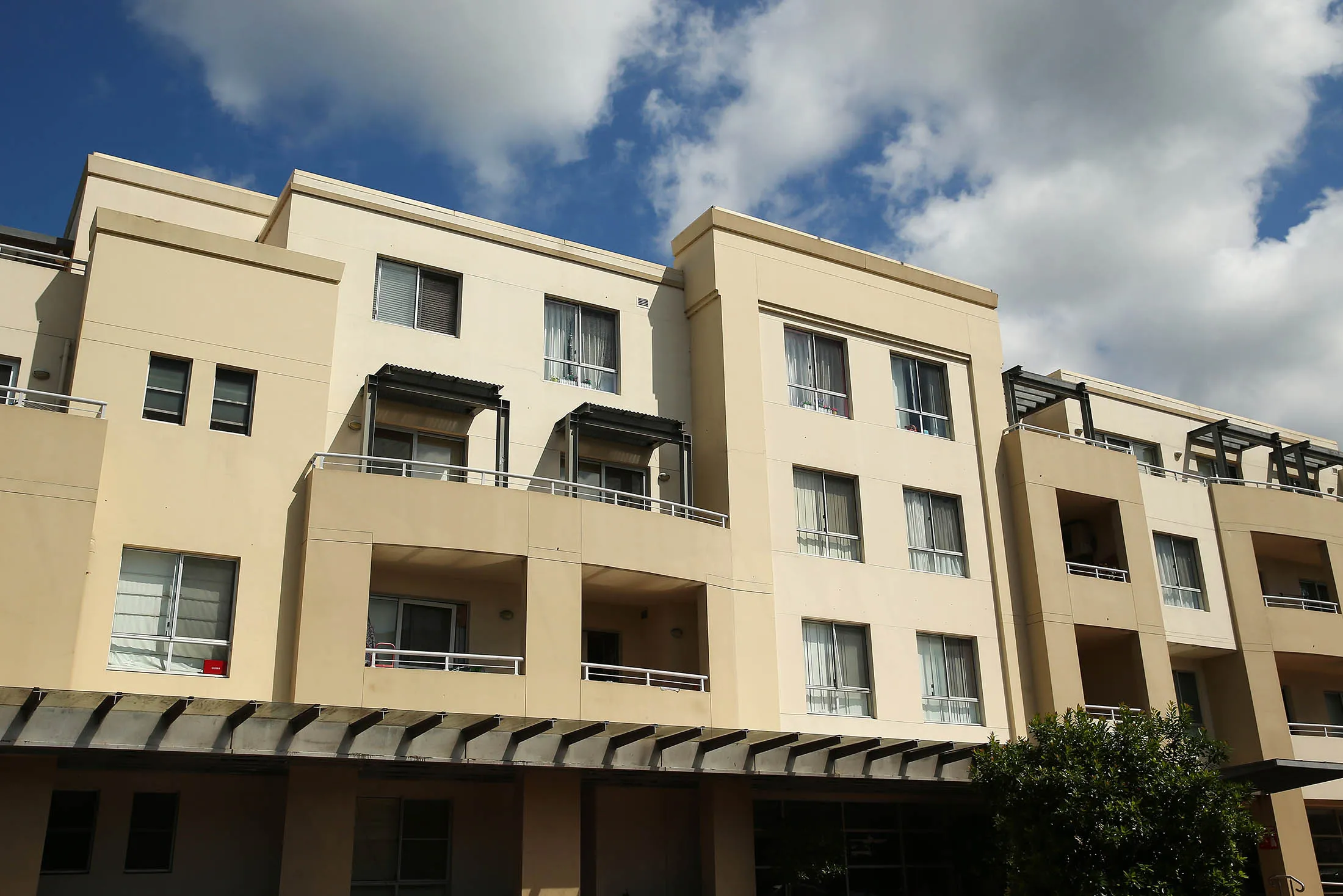 A residential apartment building stands in the suburb of Epping in Sydney.
