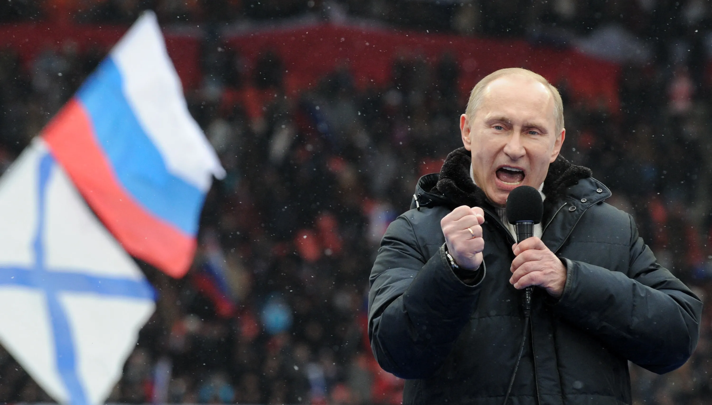 Vladimir Putin delivers a speech during a rally of his supporters in Moscow in 2012.