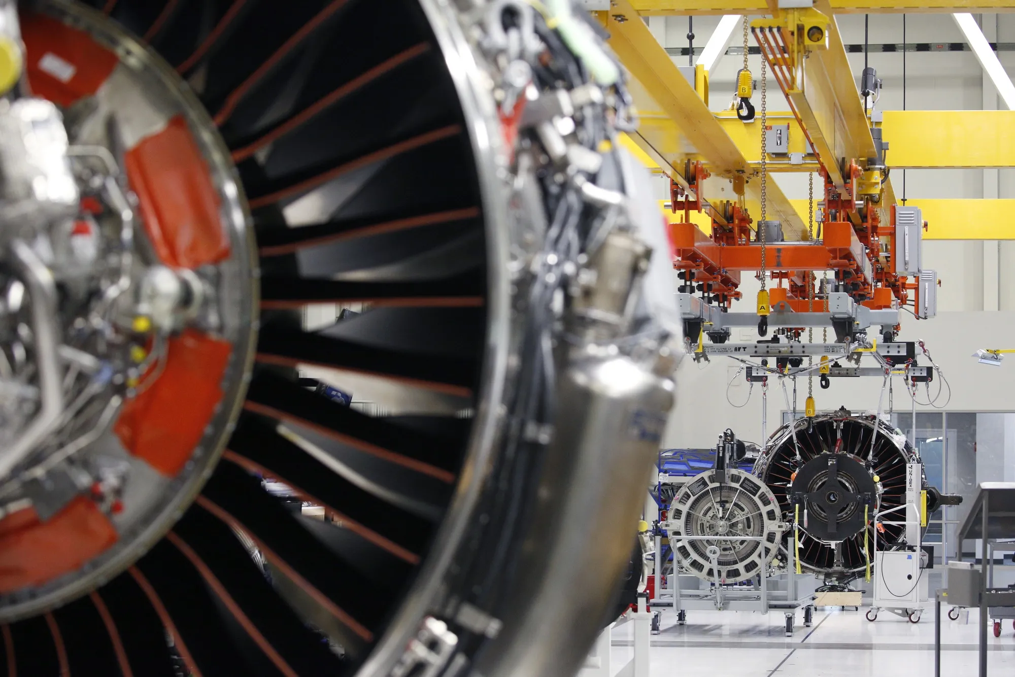LEAP jet engines are seen on the factory floor of the GE&nbsp;Aviation assembly plant in Lafayette, Indiana.