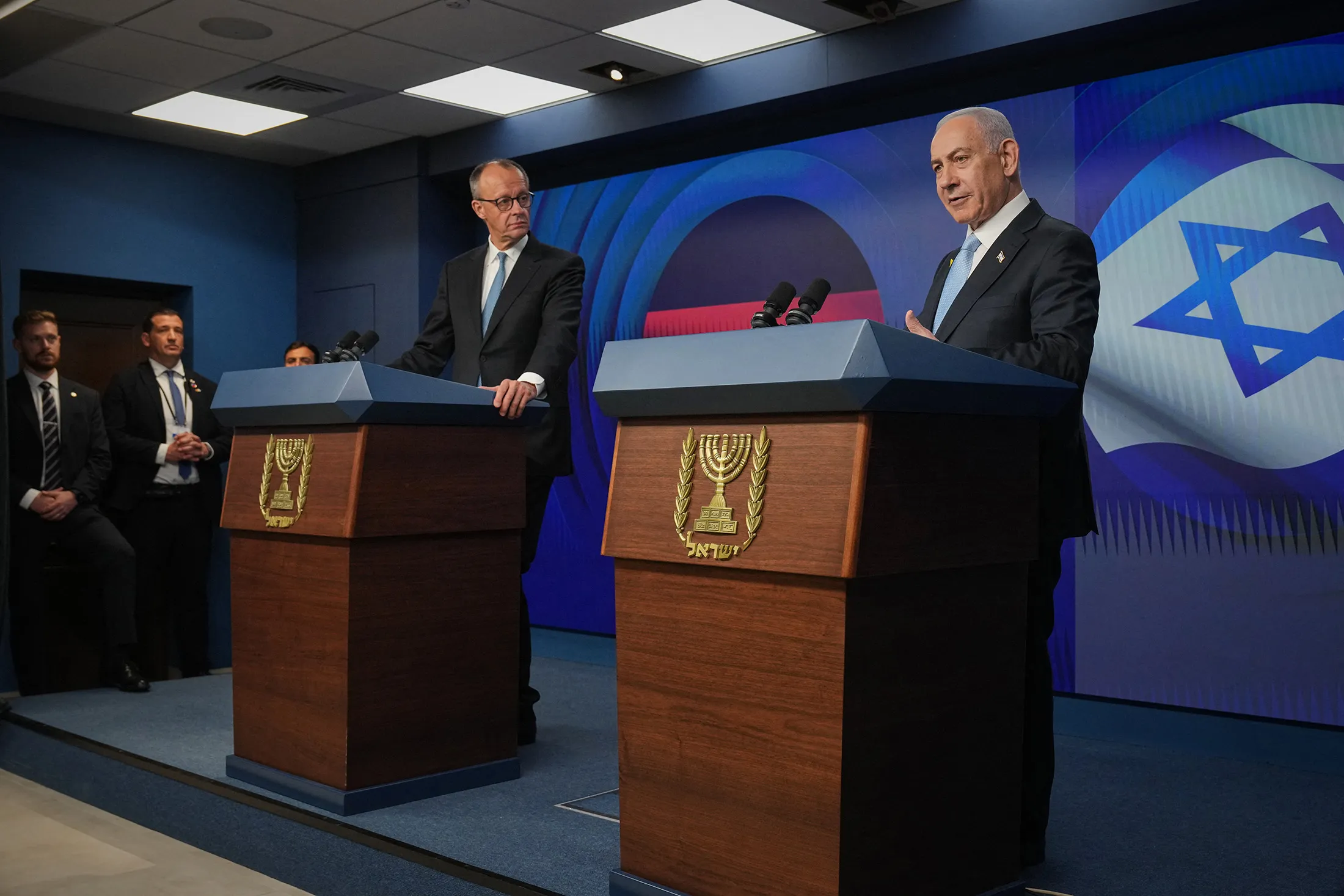 Benjamin Netanyahu, right, and Friedrich Merz during a joint press conference in Jerusalem on Dec. 7.