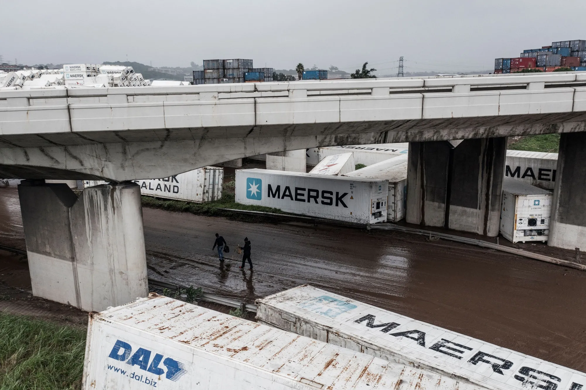 Containers on the road by a&nbsp;container storage facility following heavy rains and winds in Durban, on April 13.