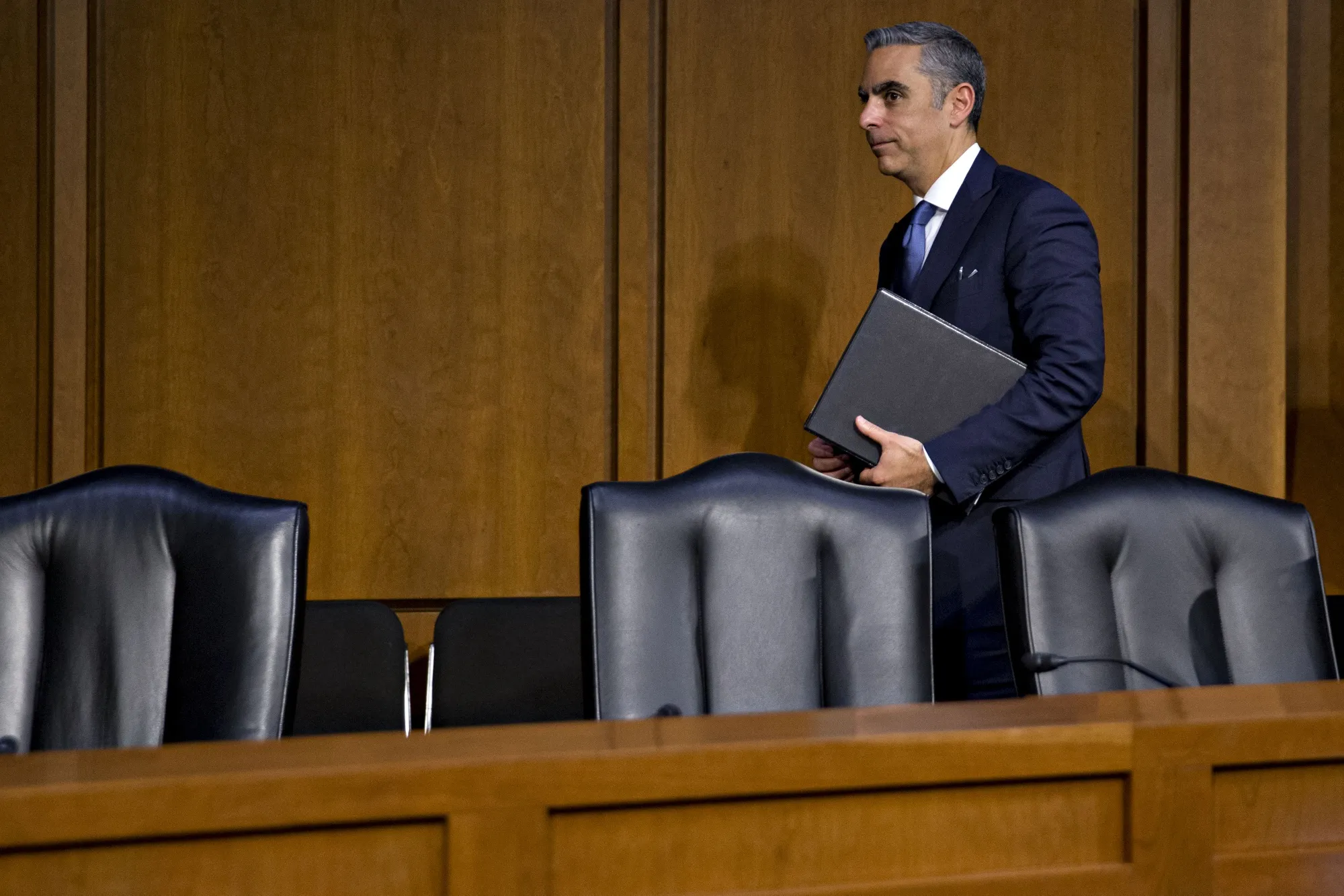 David Marcus, head of blockchain with Facebook, exits after a Senate Banking Committee hearing in Washington on July 16.&nbsp;