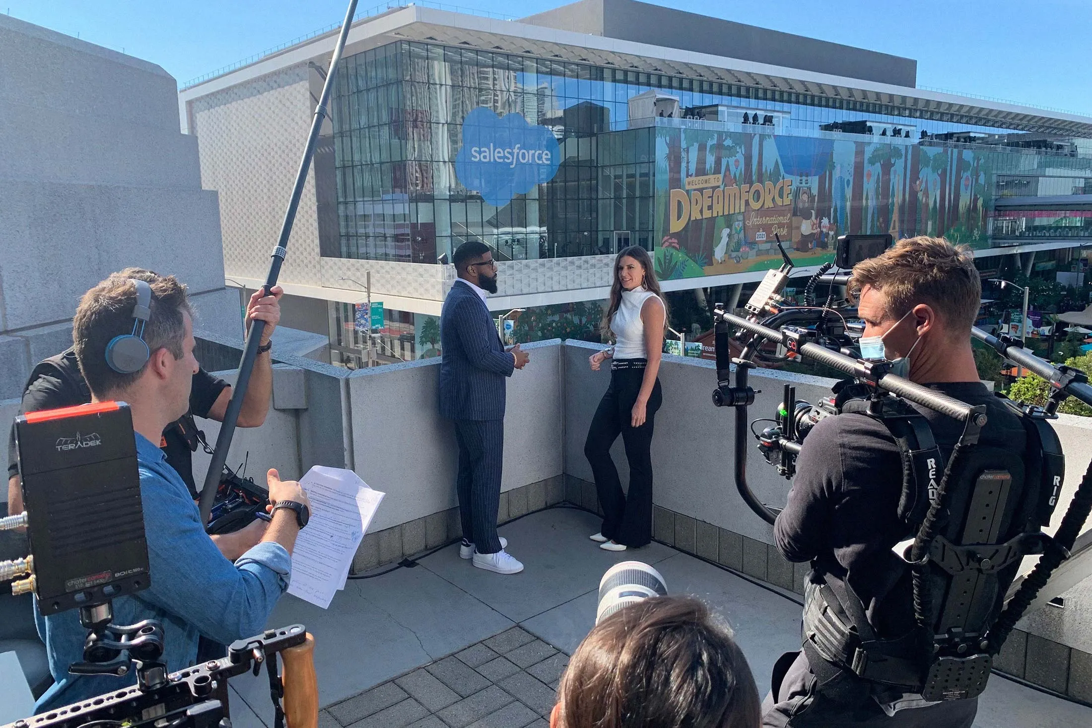 On the set of Connections with Salesforce’s Chief Marketing Officer Sarah Franklin and guest Trovon Williams from the NAACP.