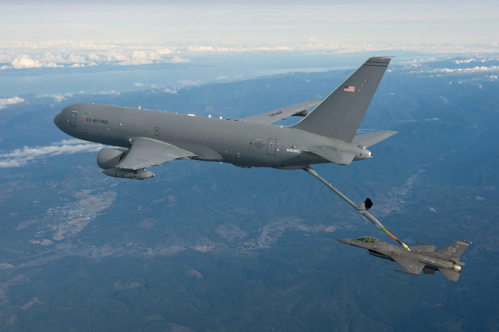 A Boeing KC-46 Pegasus Tanker Refueling an F-16.