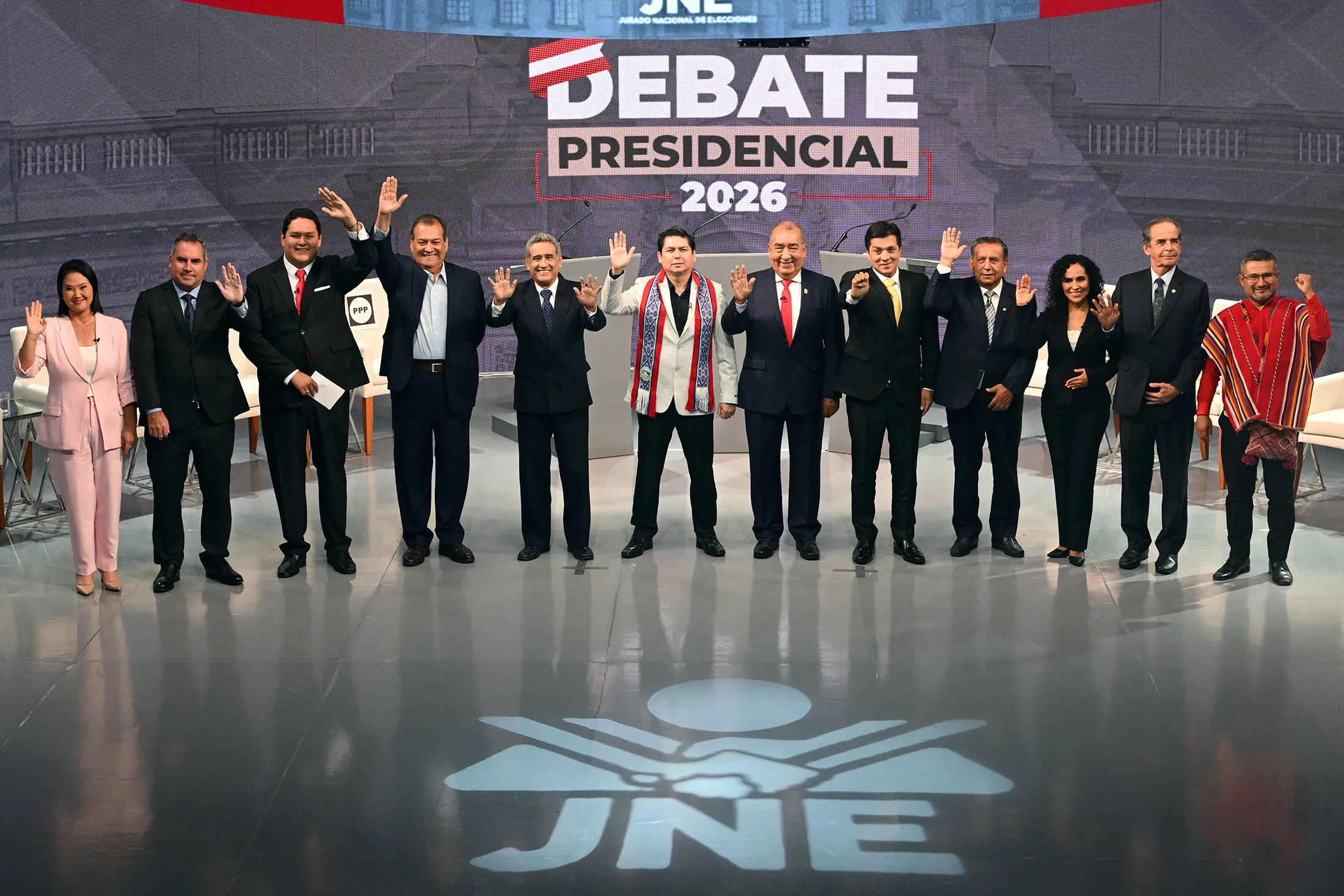Peruvian presidential candidates during the third round of debates on tackling crime and corruption in Lima on March 25.