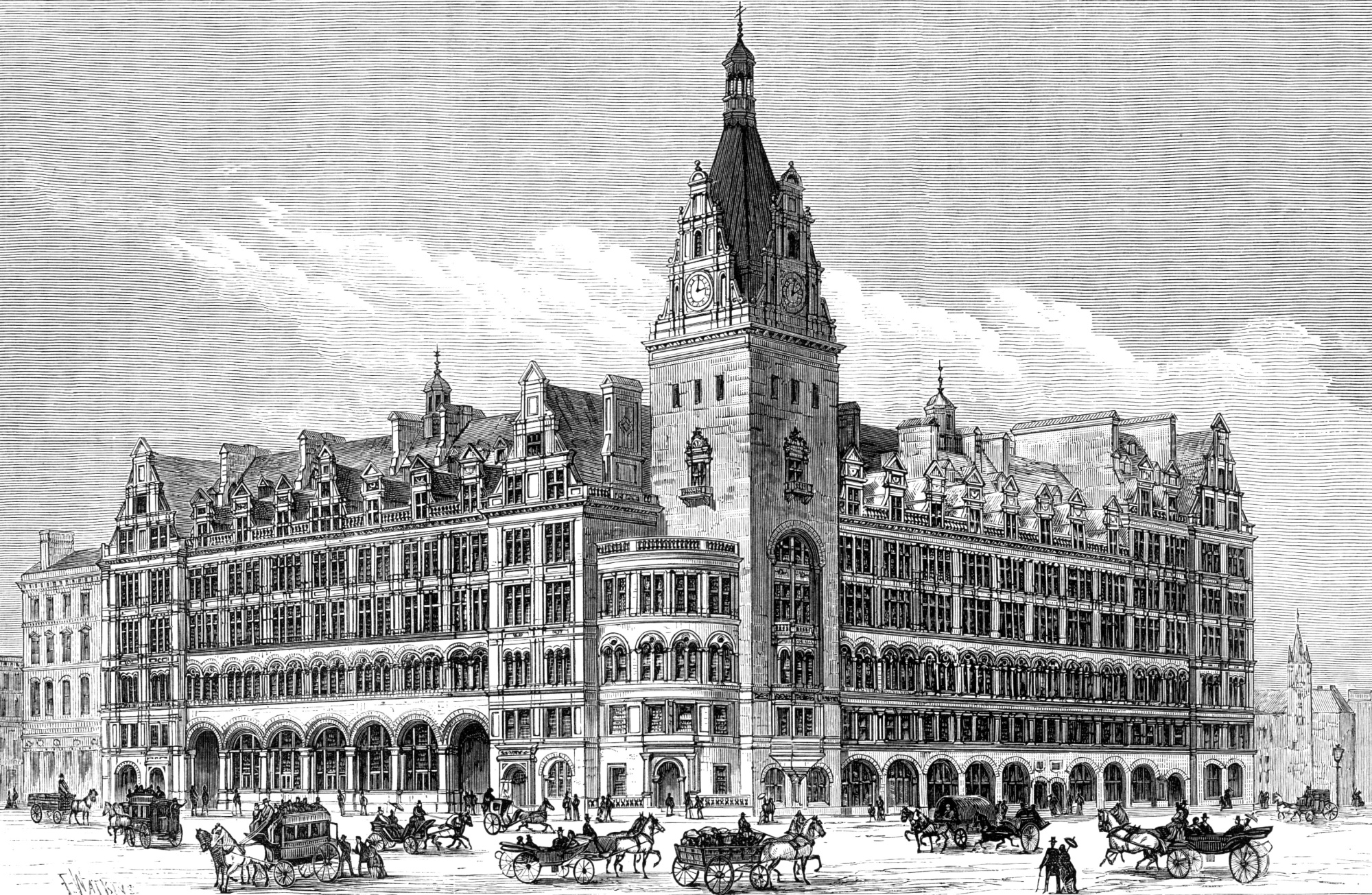 The new Central Station Hotel, Glasgow, 1883. 'This new grand hotel, in connection with the Caledonian Railway, was opened last month, under the management of Mr. Charles Lord...It is of vast size, as there are no fewer than 550 apartments within the building, giving accommodation for over 420 guests, in addition to 170 servants and officials. The main entrance is situated at the corner of Hope-street and Gordon-street...On the same level with the entrance-hall, opening to Hope-street and to the station, are the public smoking-room and dining-room for gentlemen in the city...In the carpeting of the establishment 1000 yards of Axminster have been used for the staircase and corridors, 800 yards of Wilton for the public and sitting rooms, and 5400 yards of Brussels for the bed-rooms. From the various parts of the house 1200 electric bells communicate with 600 indicators; the speaking-tubes extend to fully 5000 feet, weighing 4½ tons, and the wires in connection with the bells measure 29 miles and weigh 2½ tons. The culinary department is on the basement floor, with ample store-rooms, wine- cellars, and plate-rooms, engines for the hoists, the electric light, and ventilating apparatus, and for the extinction of fire'. From "Illustrated London News", 1883. Creator: Unknown. (Photo by The Print Collector/Heritage Images via Getty Images) Photographer: Heritage Images/Hulton Archive