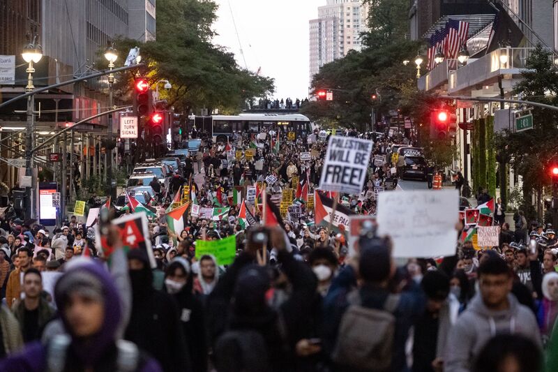Pro-Palestinian demonstrators march during an "All Out For Palestine" protest in New York, US, on Friday, Oct. 13, 2023. 