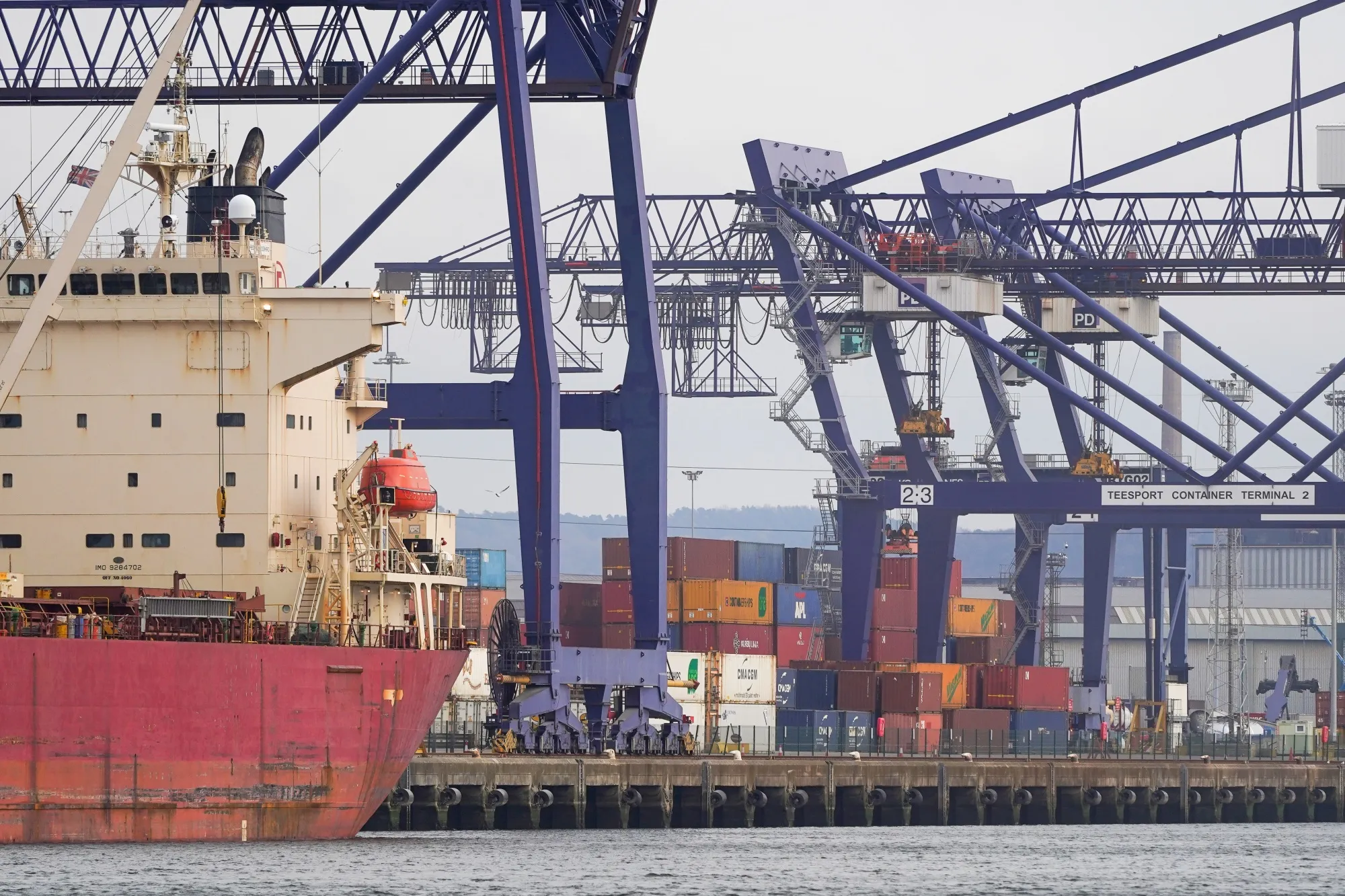 Shipping containers at the Teesport Container terminal in Teesside, UK.