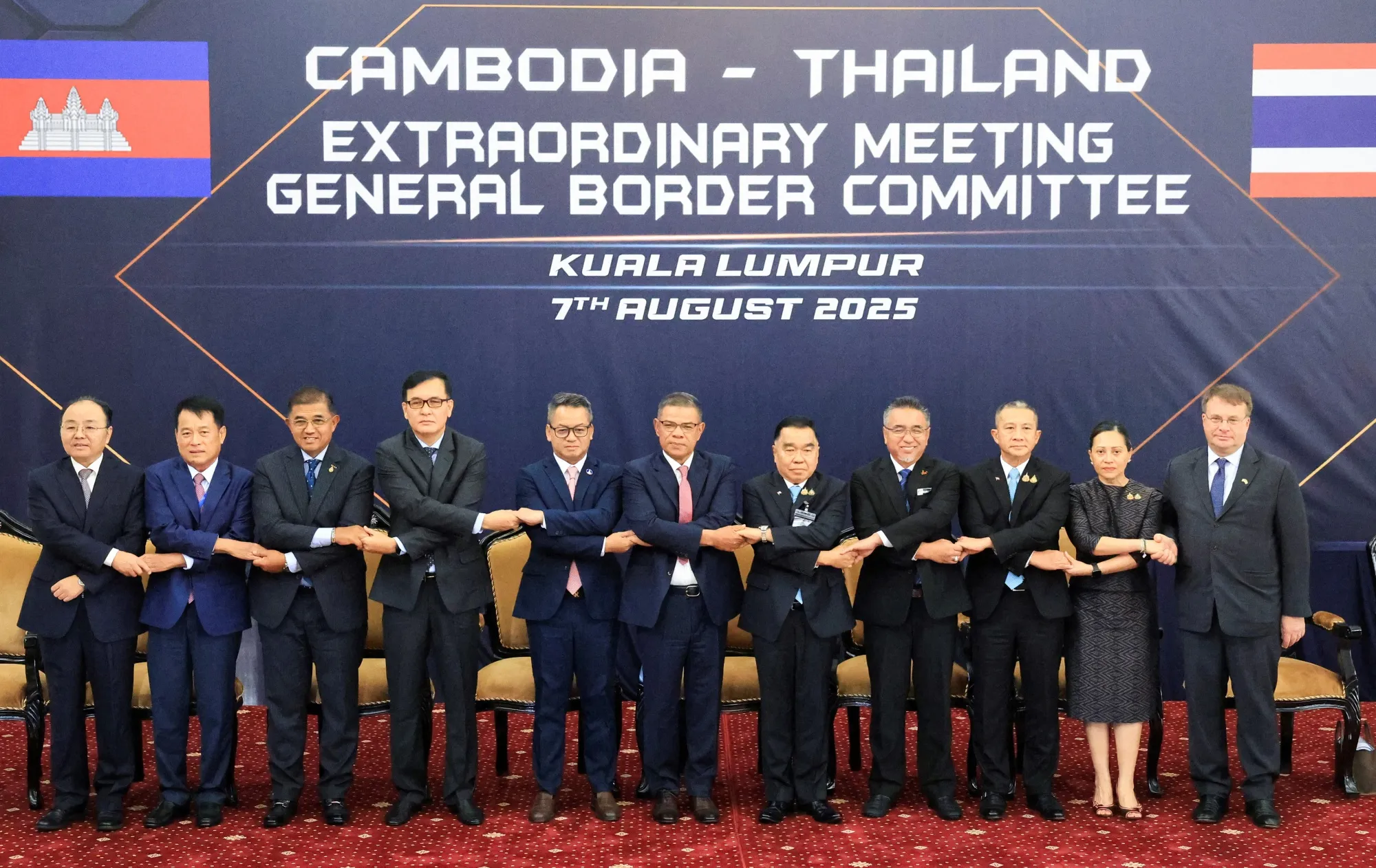 Thai and Cambodian delegates&nbsp;ahead of the Extraordinary General Border Committee to discuss the border dispute between Thailand and Cambodia, in Kuala Lumpur ,on Aug. 7.