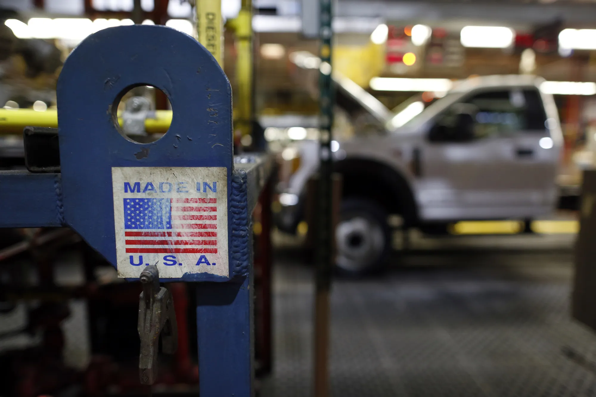 A "Made In USA" sticker on the assembly line at a truck plant in Louisville, Kentucky.