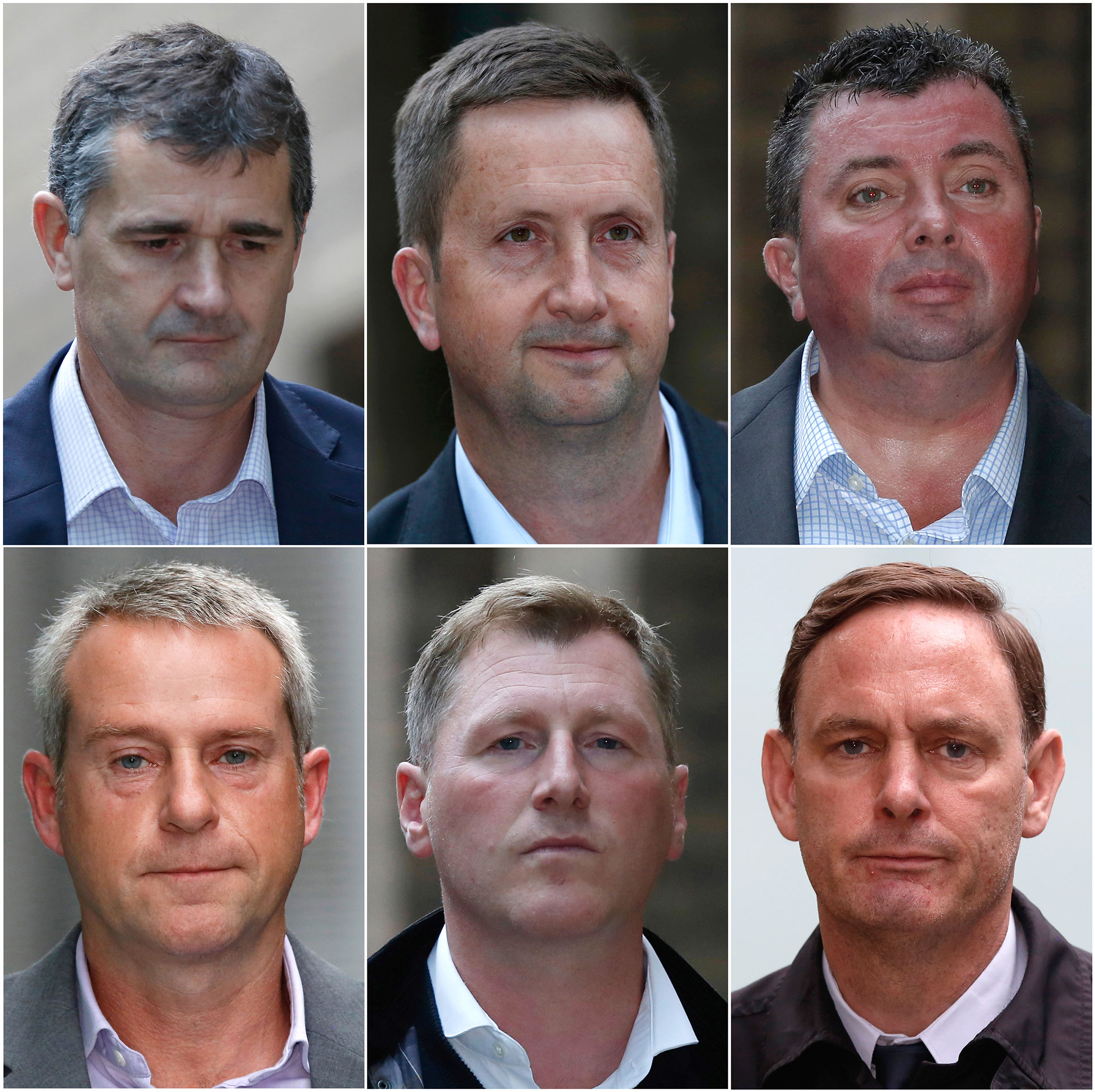 A combination photograph shows, top row from left to right, Darrell Read, Colin Goodman, Daniel Wilkinson, all former traders at ICAP Plc, bottom row from right to left Noel Cryan, a former broker at Tellett Prebon Plc, Terry Farr, a former broker at RP Martin Holdings Ltd., and James Gilmour, a former broker at RP Martin Holdings Ltd.
