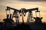 Oil pumping jacks in an oilfield in Tatarstan, Russia.