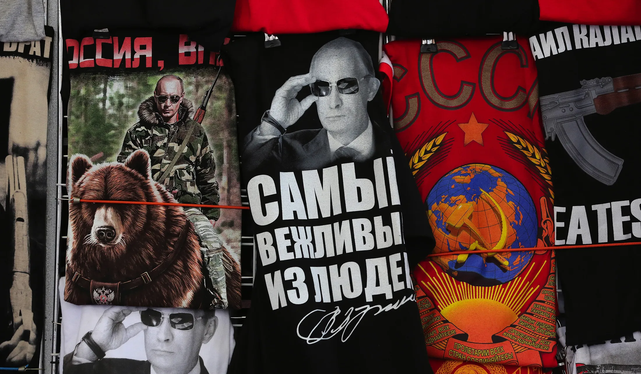 Souvenir t-shirts with photographs of Vladimir Putin in Saint Petersburg.