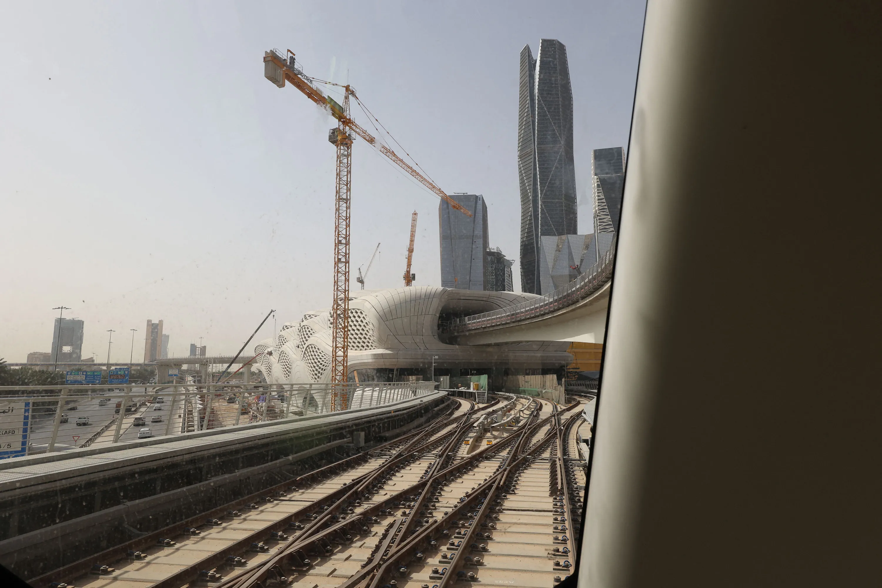Metro lines leading toward the King Abdullah Financial District Metro station in Riyadh, Saudi Arablia.