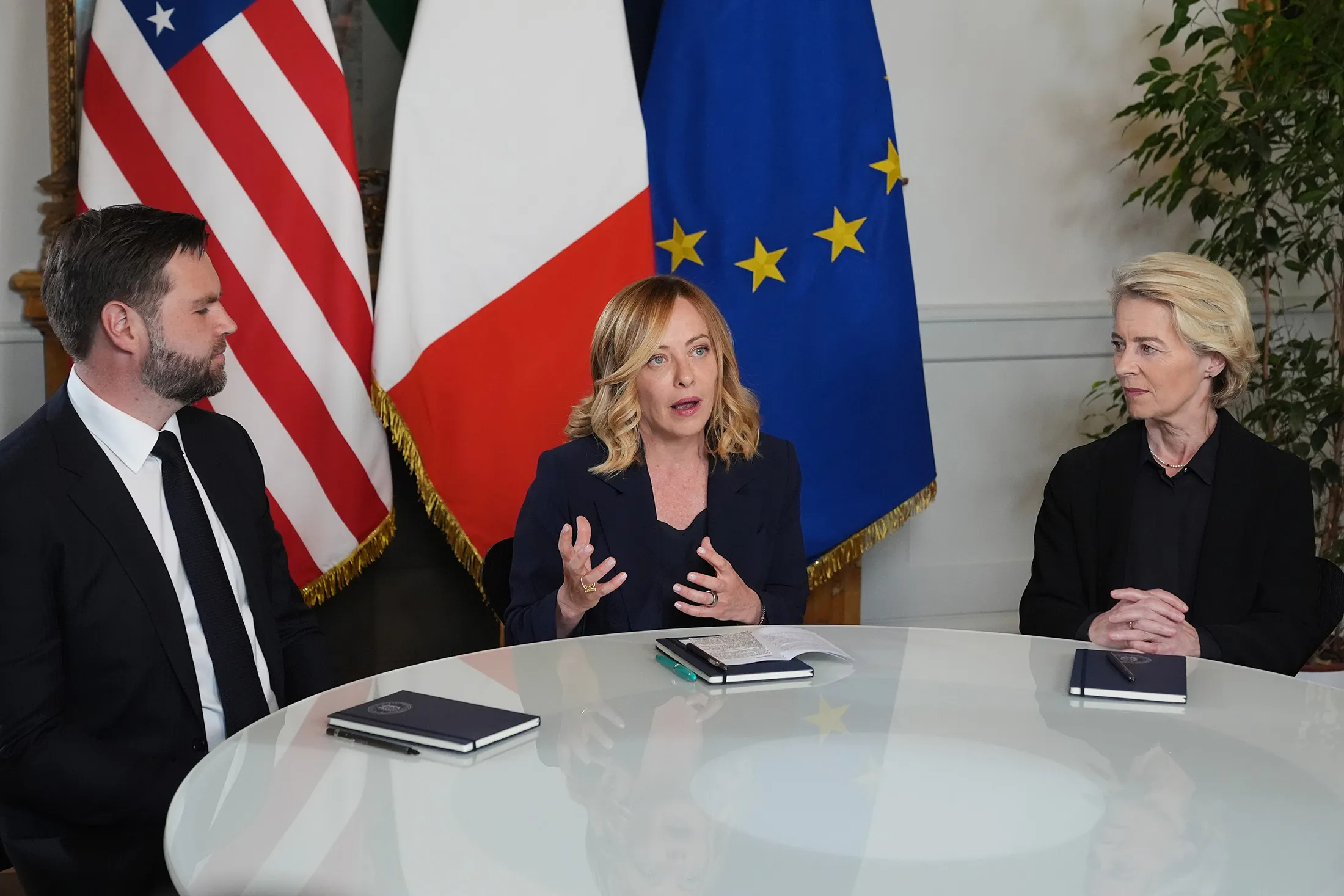 Italy's Prime Minister Giorgia Meloni, hosts, US Vice President JD Vance&nbsp;and European Commission President Ursula von der Leyen at the Chigi Palace in Rome&nbsp;on May 18.