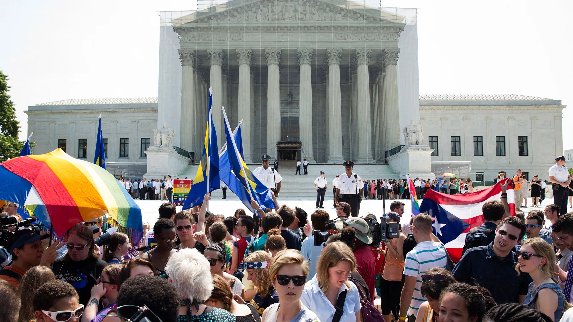 Supporters of gay marriage celebrate after the U.S. Supreme Court overturned the Defense of Marriage Act and declined to rule on the California law Proposition 8 in Washington, D.C., U.S. on Wednesday, June 26, 2013.
