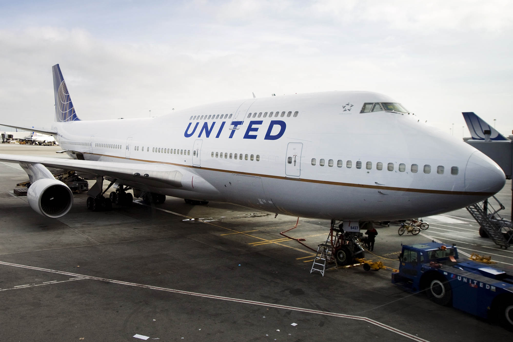 United Continental's new 747 sits on the tamarac before taking off from San Francisco's International Airport in San Francisco, CA, on Wednesday, February 23, 2011. Kim White/Bloomberg News
