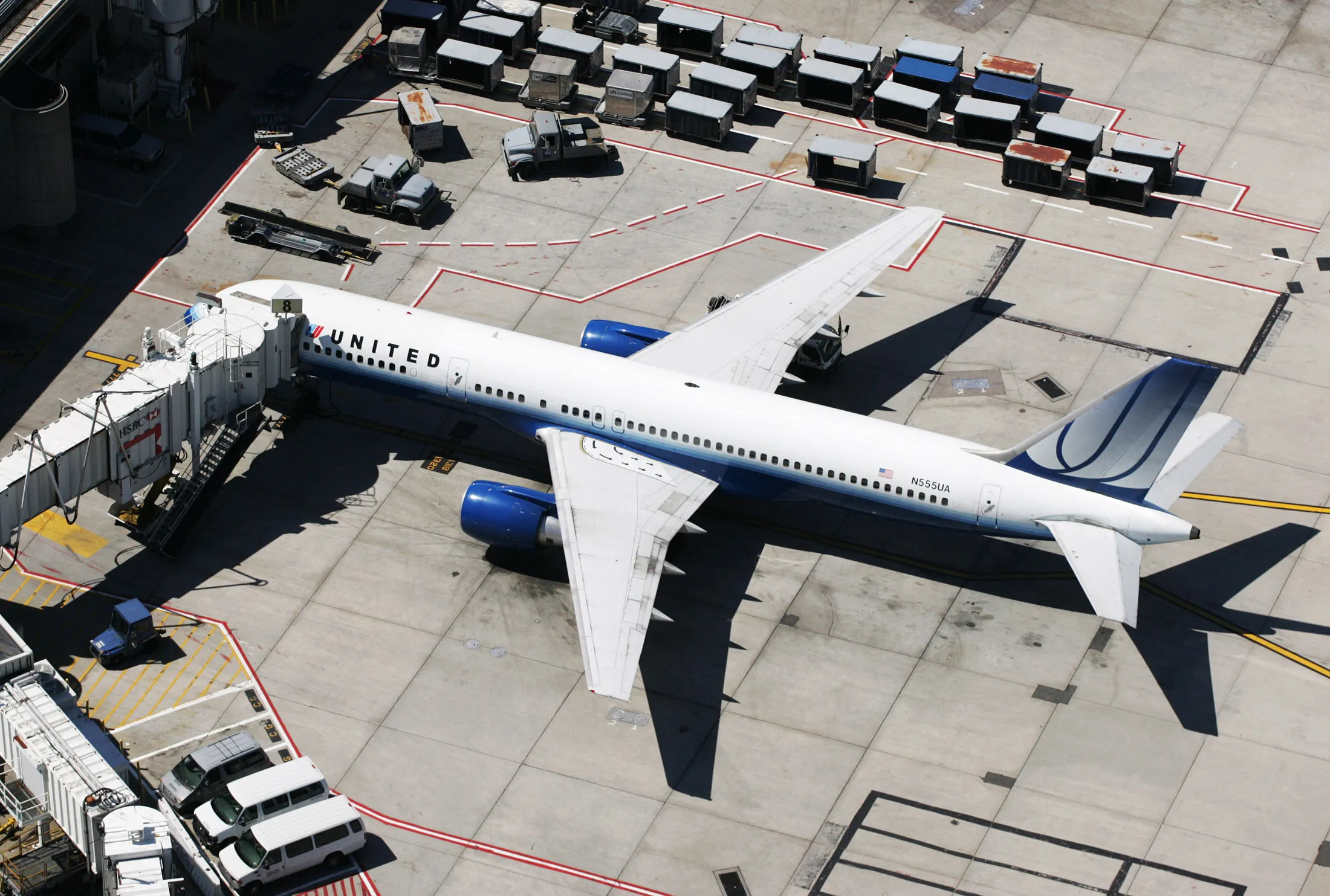 A United Airlines Boeing 757 jet is parked at a John F. Kennedy International Airport terminal on Sept. 8, 2008 in New York.
