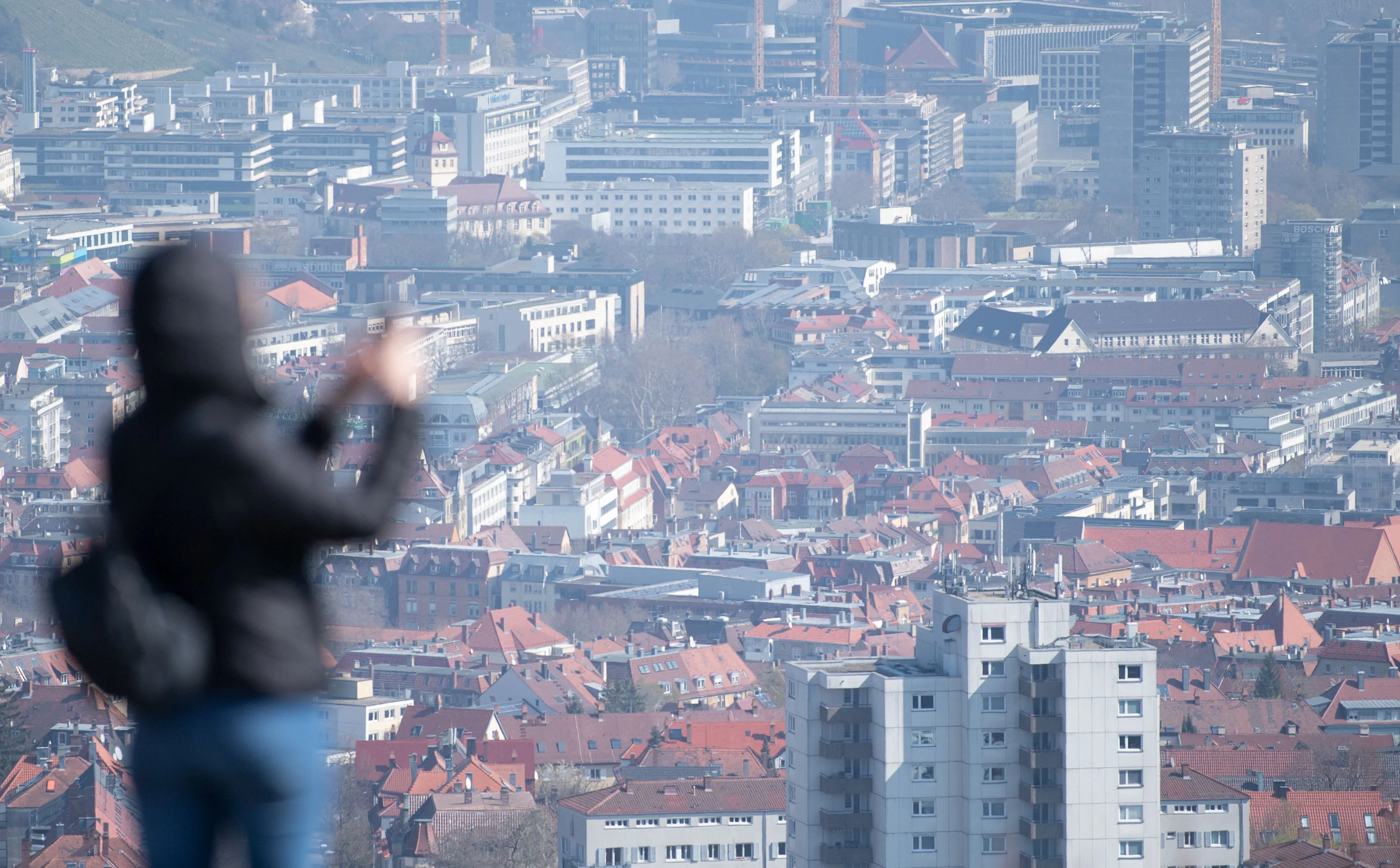The low-rise layout of Stuttgart’s postwar city center can be seen from the top of Birkenkopf, an artificial hill made from the rubble of buildings destroyed in World War II bombings.