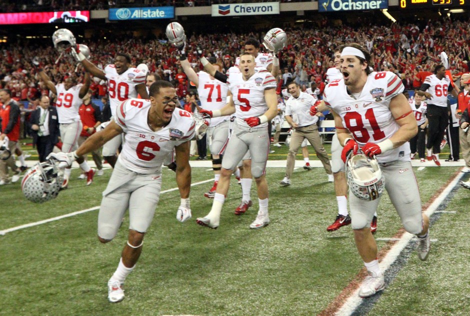 Ohio State University players after their January 1 victory over Alabama University in the 2015 Sugar Bowl.