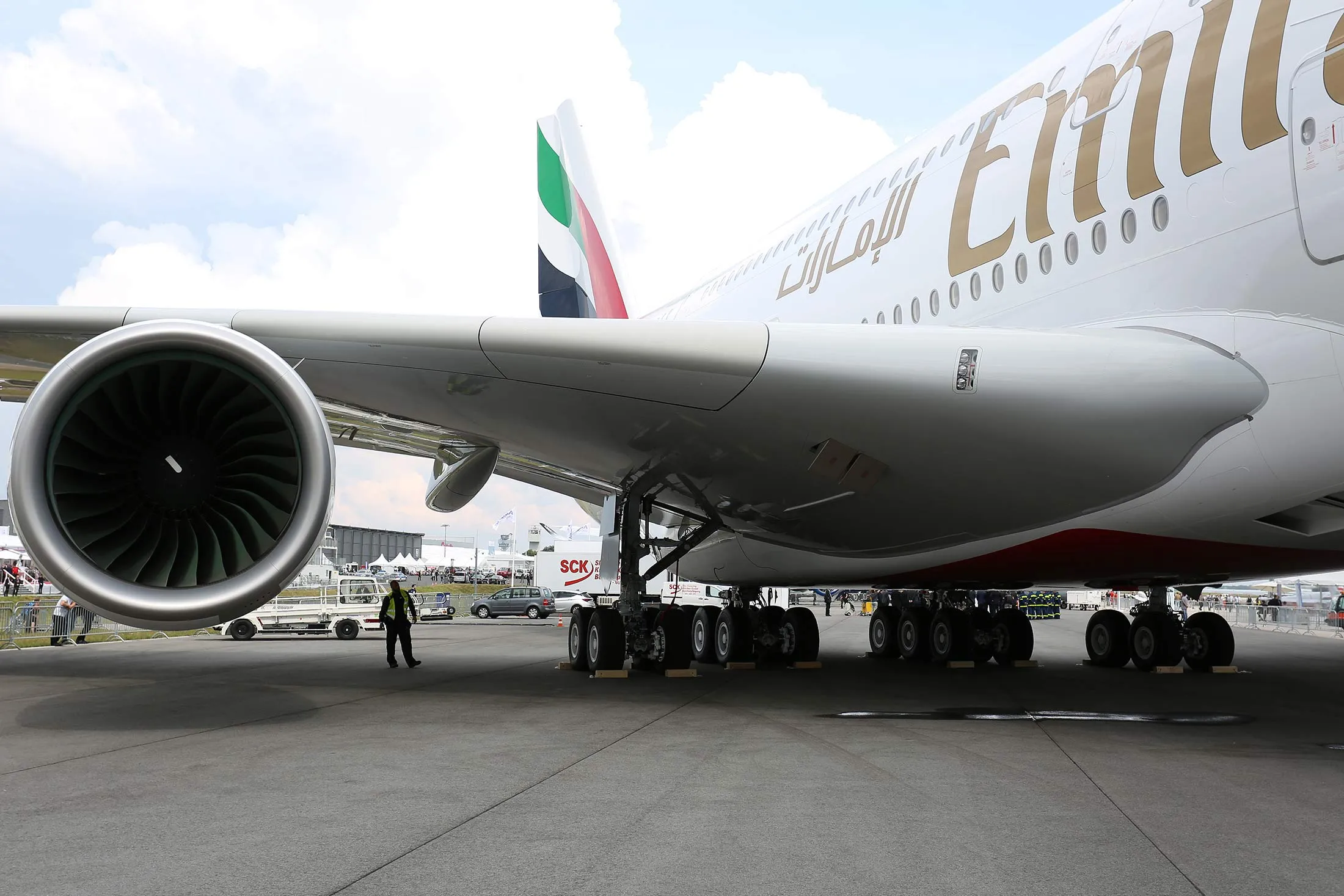 Emirates presents an Airbus A380 at the Berlin Air Show 2016.
