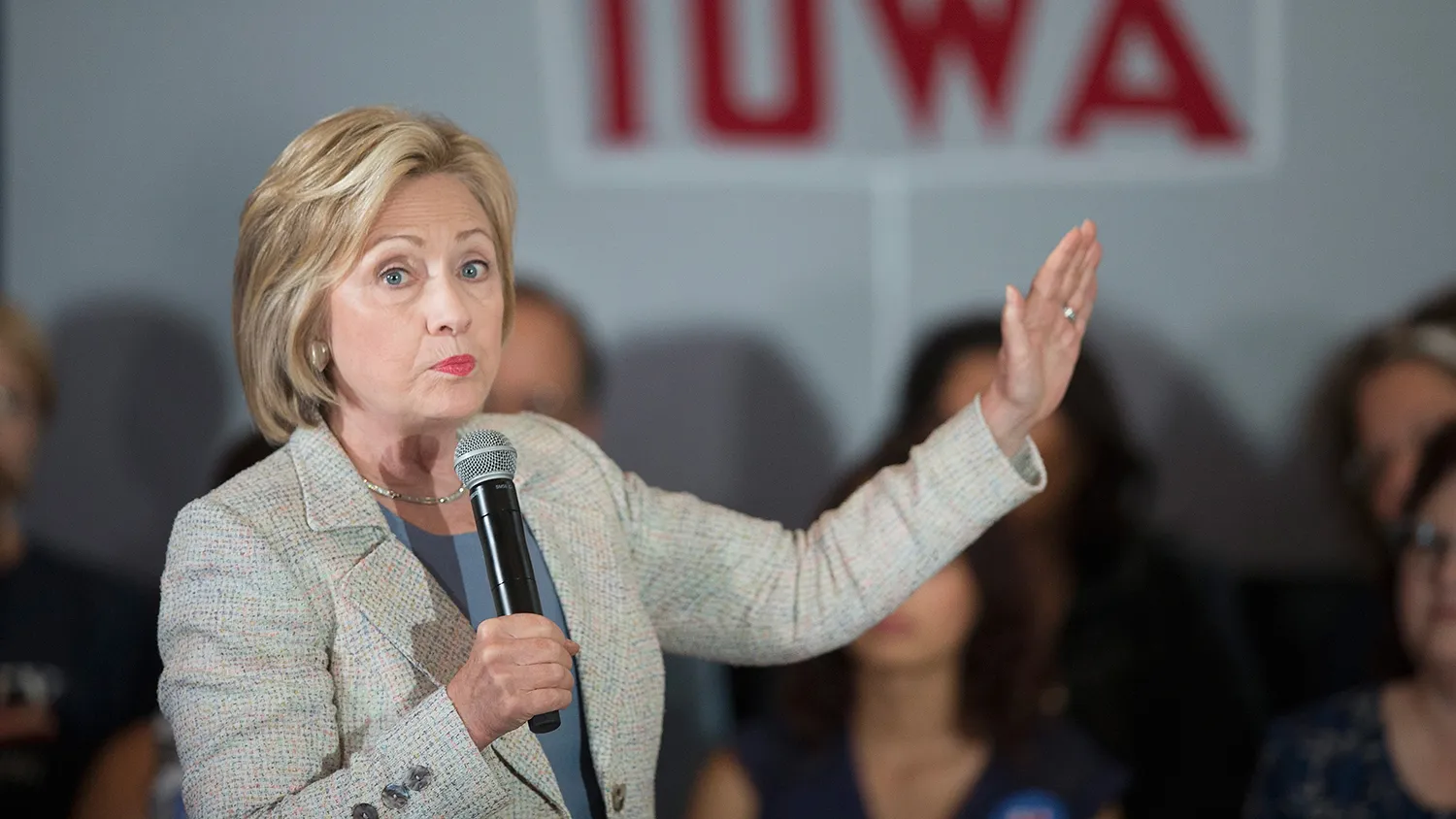 Democratic presidential hopeful and former Secretary of State Hillary Clinton speaks to guests gathered for a campaign event at Iowa State University on July 26, 2015 in Ames, Iowa.
