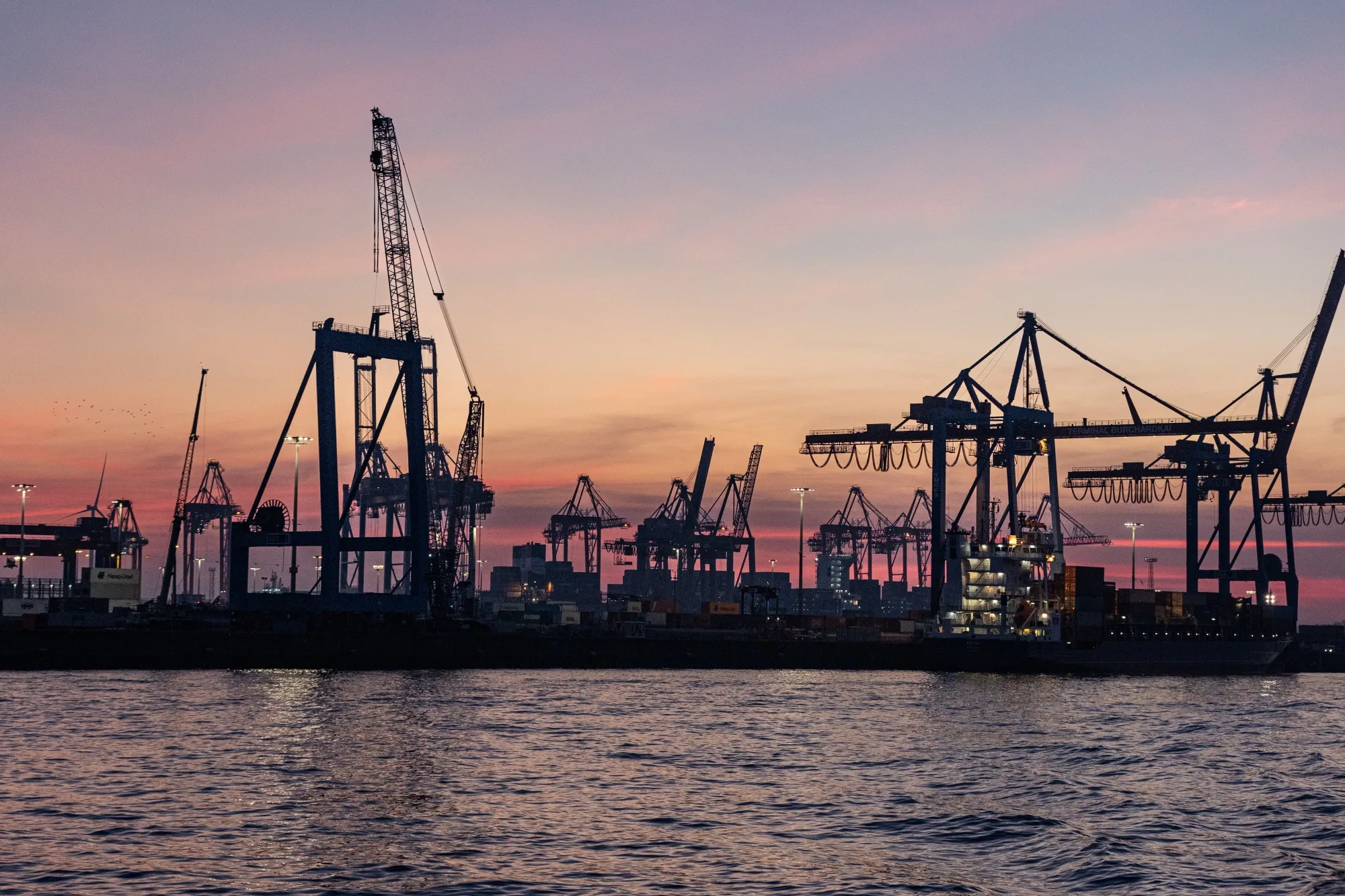 Ship to shore cranes at the Port of Hamburg in Hamburg, Germany.