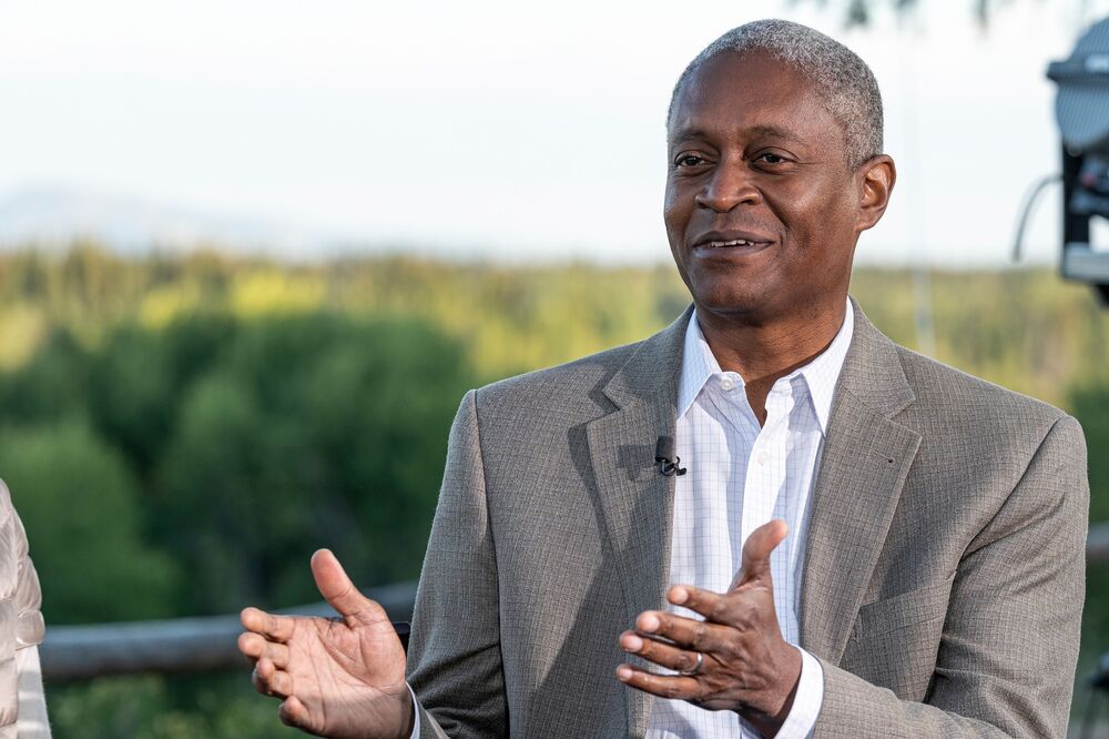 Raphael Bostic, president and chief executive officer of the Federal Reserve Bank of Atlanta, speaks during a Bloomberg Television interview at the Jackson Hole economic symposium in Moran, Wyoming, US, on Friday, Aug. 26, 2022. 
